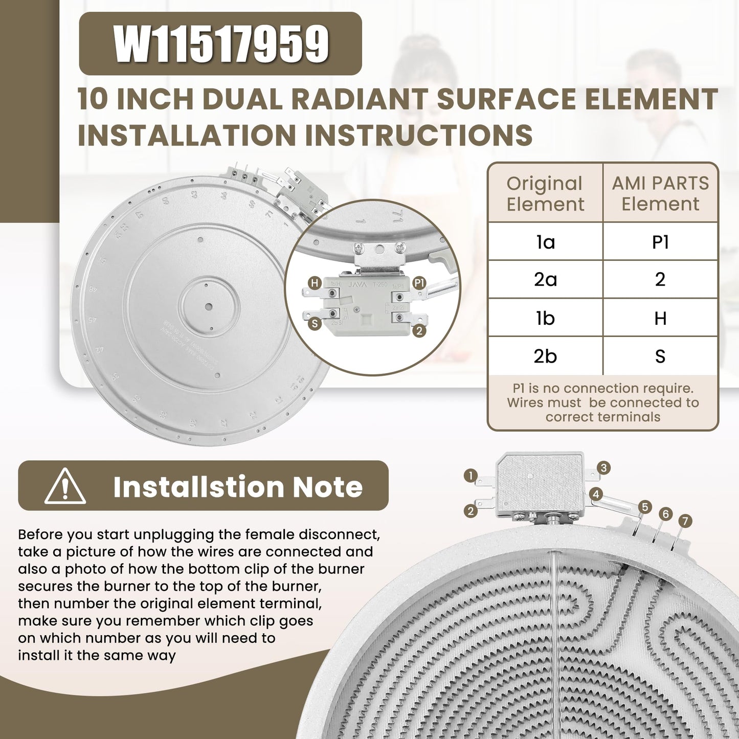 Upgrade W11517959 W10275048 10 In Dual Radiant Surface Element Replacement Fit For Whirl-pool Ken-more May-tag Kitchen-Aid Electric Ranges - Replace W10169799,W10275048,W10823729 by AMI PARTS