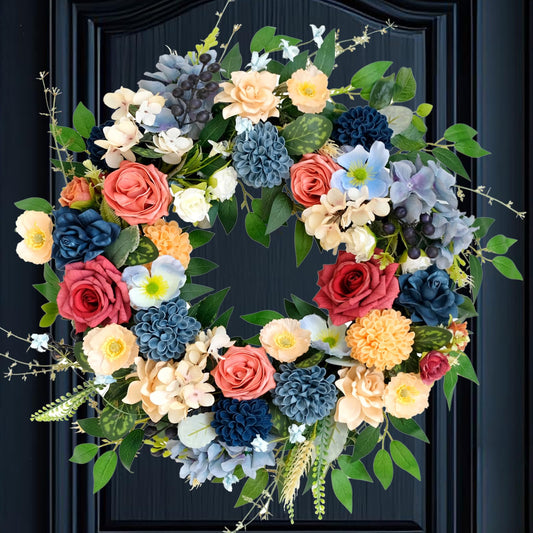 vivimemo 22 inch Spring Wreath Artificial Flower Wreaths Spring Summer Yellow Blue Rose Hydrangea Wreaths Front Door Hallway Window Decoration Wedding Birthday Decoration