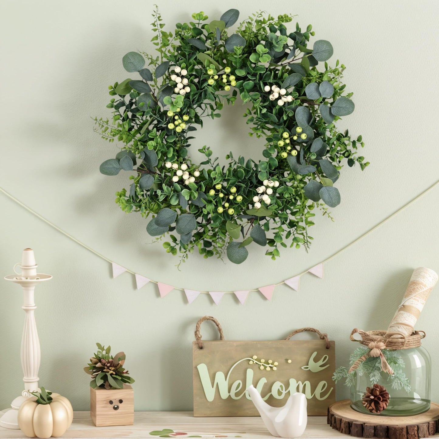 MDSTBN 26 Inch Eucalyptus Wreath Spring Summer Wreaths for Front Door, Artificial Large All Seasons Wreaths with for Farmhouse Porch Wall Living Room Home Wedding Decor