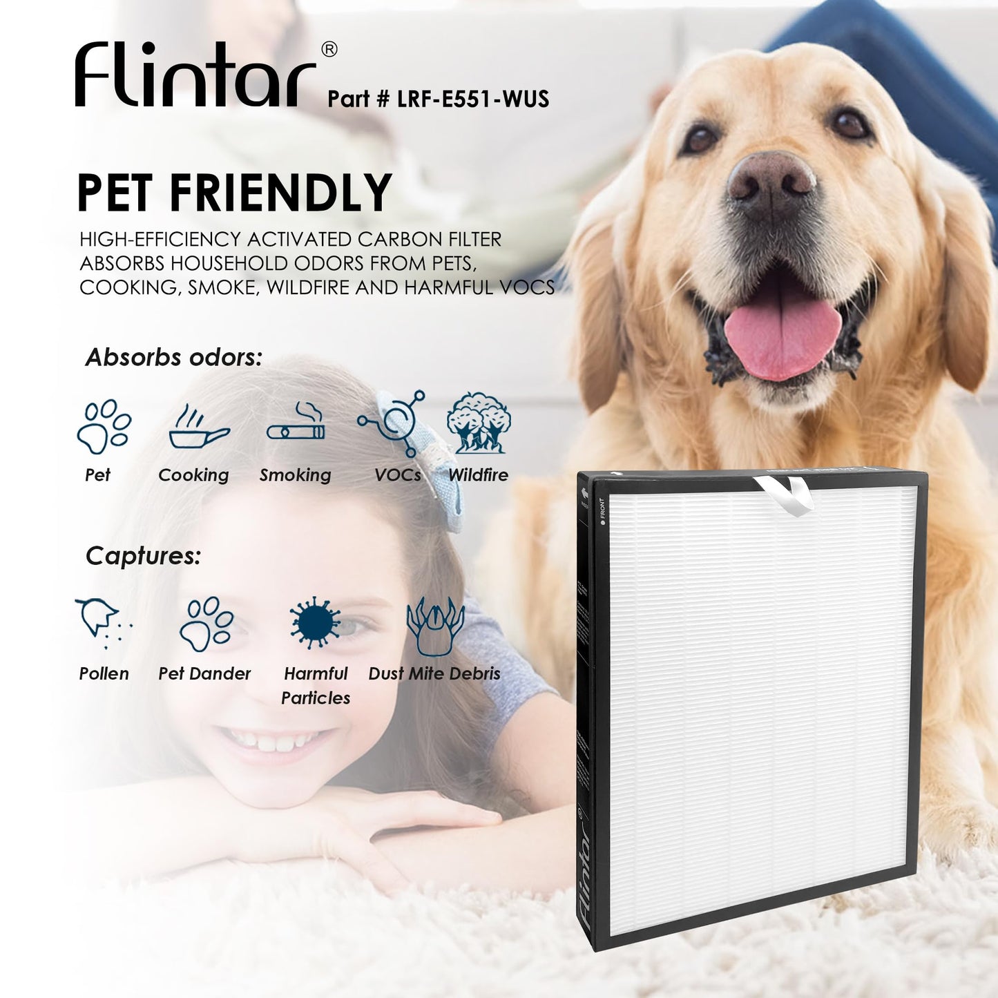 Flintar True HEPA Replacement Filter, Compatible with LEVOIT EverestAir Air Purifier, H13 Grade True HEPA + Activated Carbon Replacement filter, Part # LRF-E551-WUS, 1-Pack