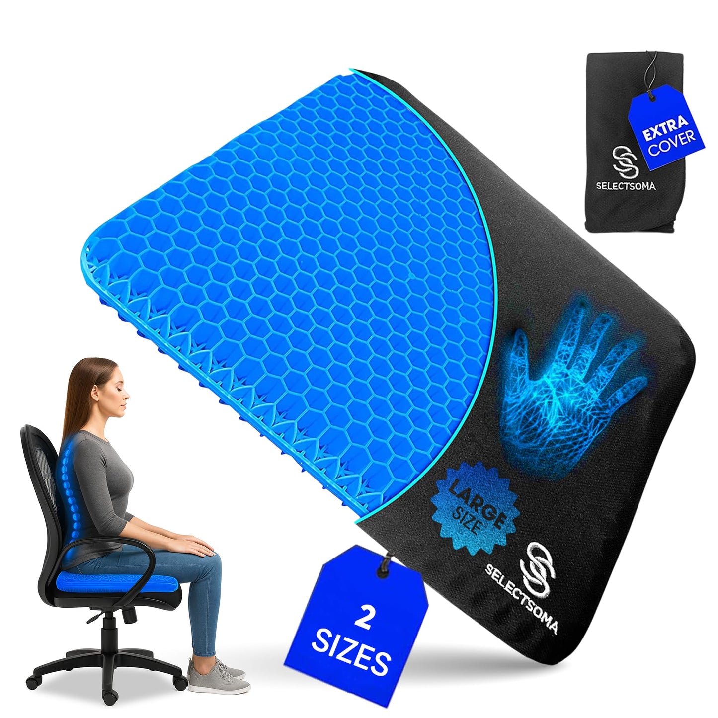SelectSoma Super Large Gel Seat Cushion for Long Sitting - 18.5" x 17.5" - Breathable Cooling Design - Pressure Relief for Sciatica, Tailbone & Back - Office Chair, Wheelchair, Car & Truck Cushion
