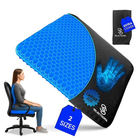 SelectSoma Super Large Gel Seat Cushion for Long Sitting - 18.5" x 17.5" - Breathable Cooling Design - Pressure Relief for Sciatica, Tailbone & Back - Office Chair, Wheelchair, Car & Truck Cushion