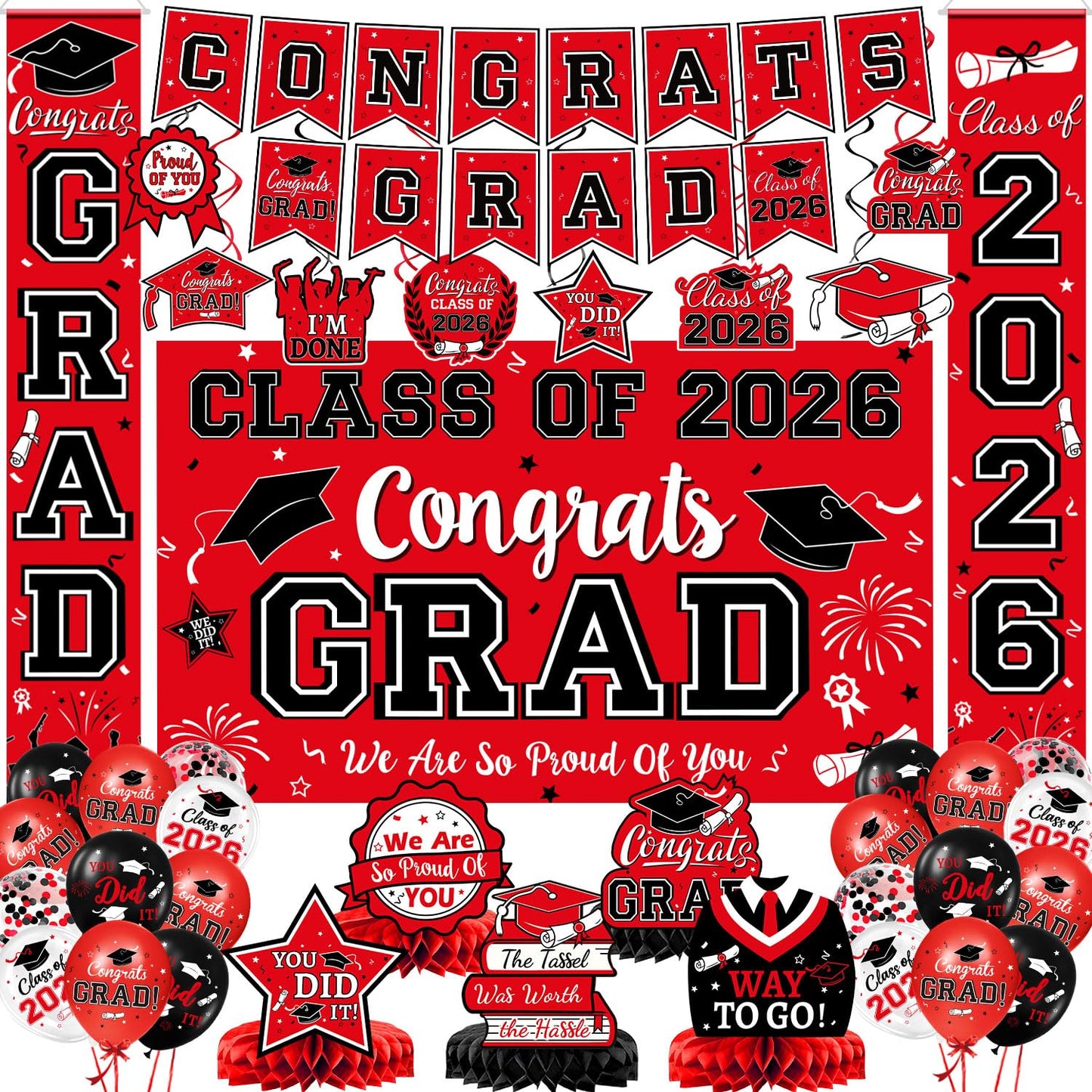 2026 Graduation Decorations, Red and Black Graduation Decorations Set with Congrats Grad Banner & Backdrop, Porch Sign, Hanging Swirls, Balloons, Honeycomb Centerpieces for All Congrats Grad Party Decorations