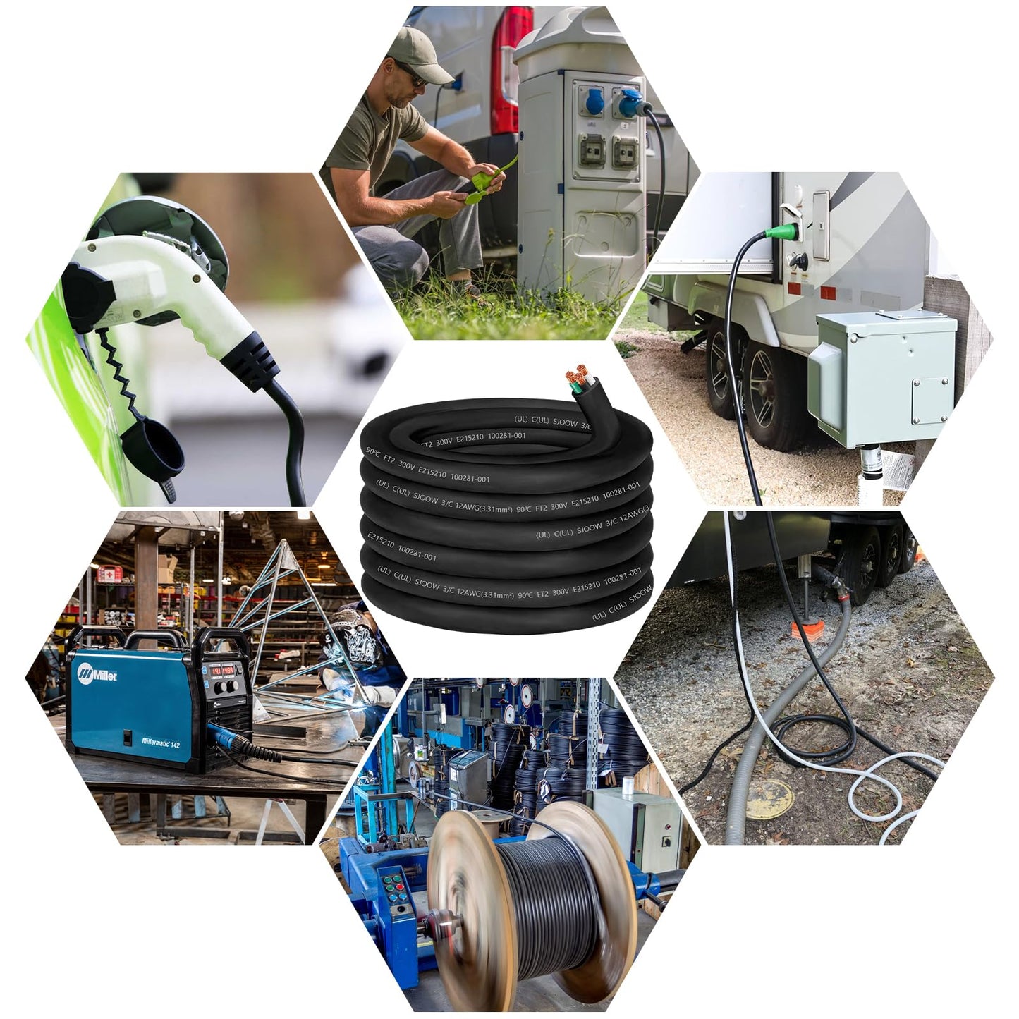 12/3 Wire 12 Gauge SJOOW Wire 12AWG SJOOW Cable Cord Portable Power Cable 12 Gauge 3 Conductor Cord for 20 AMP EV Battery Charger,Portable Light LED,RV Outlet Lead,Garage,Powering Tool Machinery-50ft