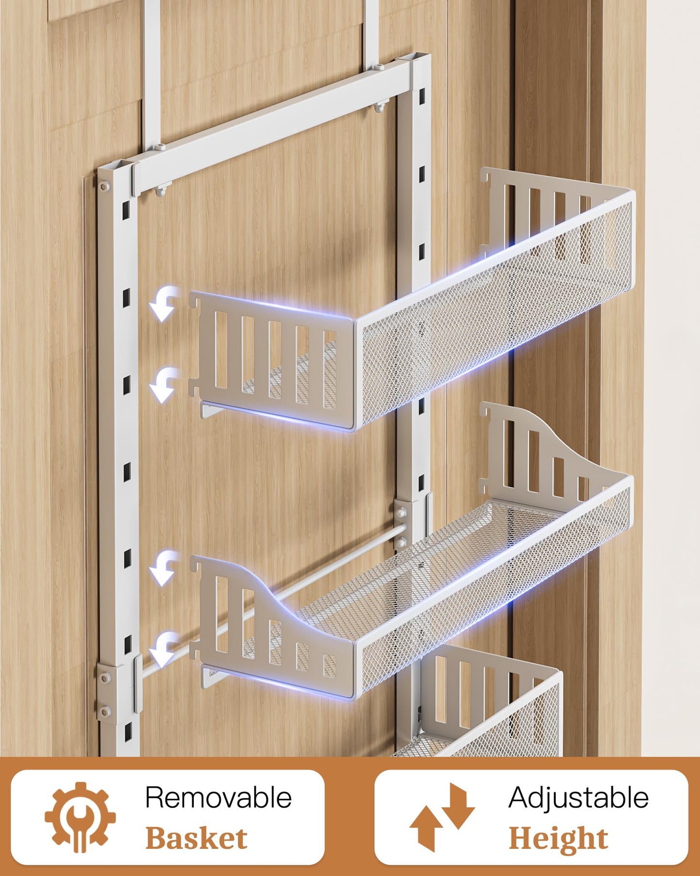POKIPO Over the Door Pantry Organizer 8-Tier, Large Metal Door Spice Rack with Adjustable Basket, 2 in 1 Wall Mount or Hanging Heavy-Duty Pantry Door Storage Shelf for Kitchen and Bathroom, White