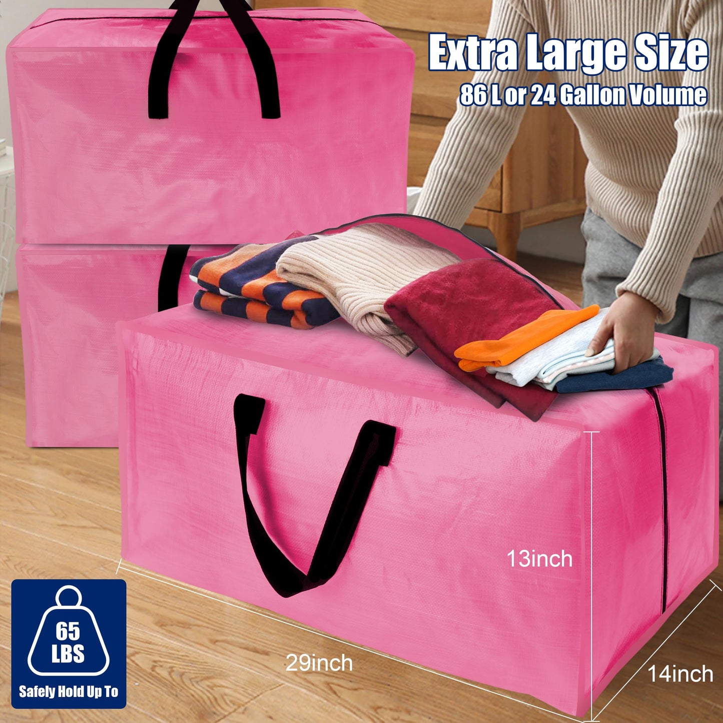 Cosy Family 8 Pack Heavy Duty Extra Large Moving Bags with Backpack Straps - Strong Handles & Zippers, Storage Totes For Space Saving, Fold Flat, Alternative to Moving Box, Pink