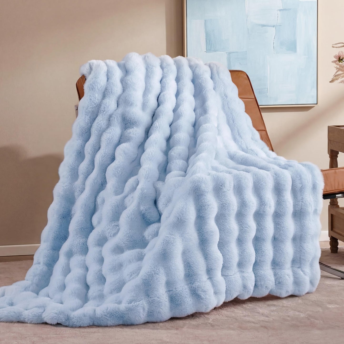 Smoofy Faux Fur Throw Blanket for Couch - Light Blue Super Soft Cozy Bubble Blanket, Fluffy Plush Fuzzy Throw for Sofa & Bed, Thick Lightweight Warm Blanket, Luxury Aesthetic Gift for Women 60"x80"