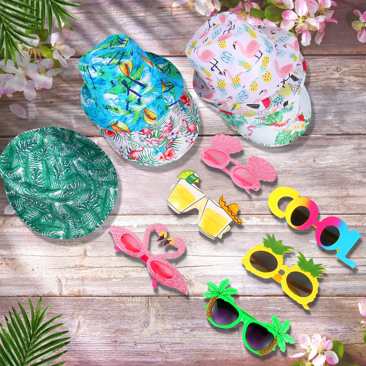 NICOWARM 6pcs Luau Fedora Hats, 6pcs Luau Party Sunglasses for Adults, with Luau Patterned includeing Flamingo, Pineapple, Photo Booth Props for Summer, Beach, Luau, Pool, Hawaiian Themed Parties