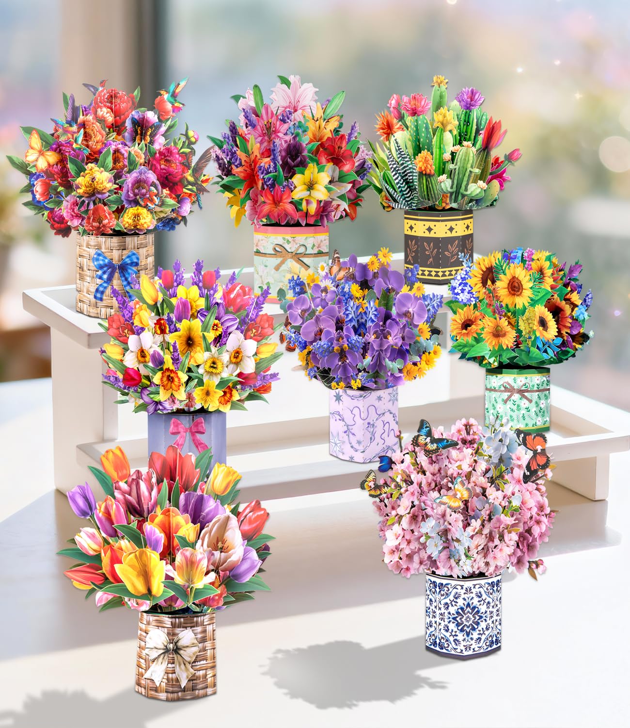 Magic Ants 8 Pack 3D Pop Up Flower Bouquet Cards Assortment – Beautiful Spring Floral Greeting Cards with Envelopes and Black Notes –for Birthday, Mother's Day, Thank You, Get Well