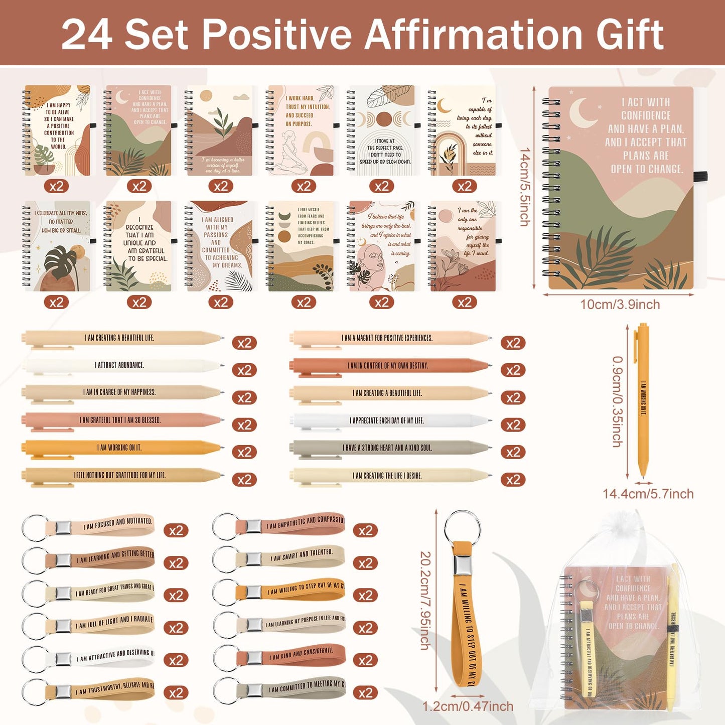 Funrous 72 Pcs/24 Set Positive Motivational Gift Set for Women Bulk Gratitude Spiral Journals Notebooks Affirmation Pens Keychains Adult Party Favors for Teacher Students Coworker Nurse (Boho)