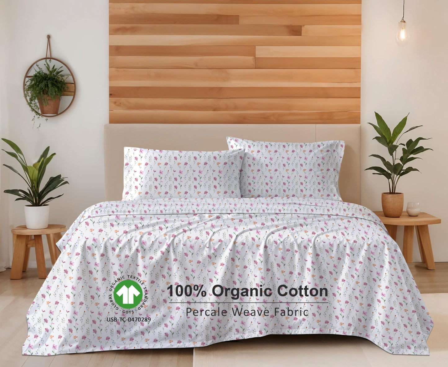 RUVANTI 100% Cotton Organic Percale Sheets Queen Size – Crisp Cooling Bed Sheets for Hot Sleepers, Deep Pocket 15”, Soft Peach Finish, Breathable & Durable Hotel-Style 4 Pcs, Obsessed Stems