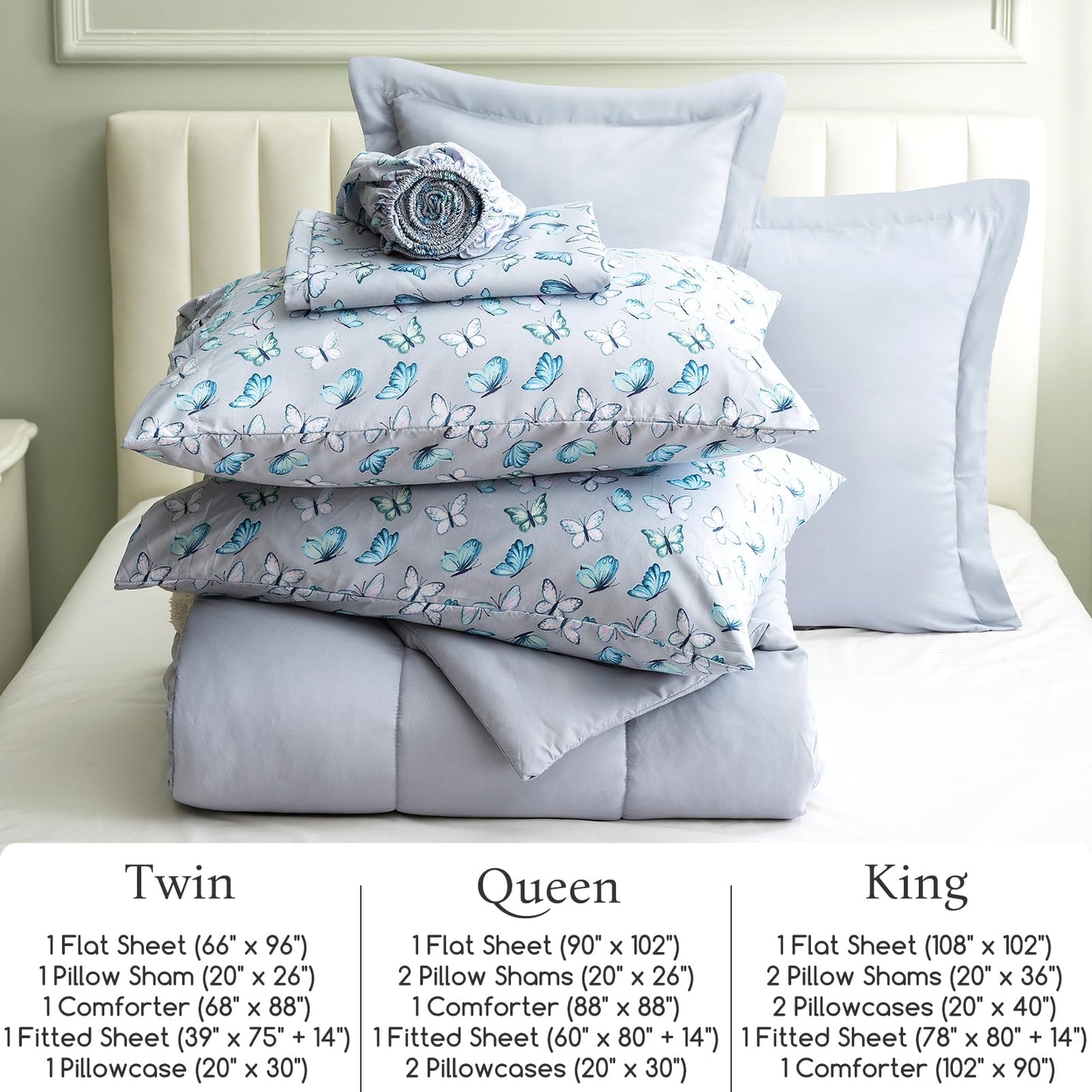 ARTALL Queen Bed in a Bag 7 Pieces, Light Gray Solid Comforter with Cute Colorful Butterfly Sheet Set, Soft Reversible Bedding Sets with Comforter, Sheets, Pillowcases & Shams for All Seasons