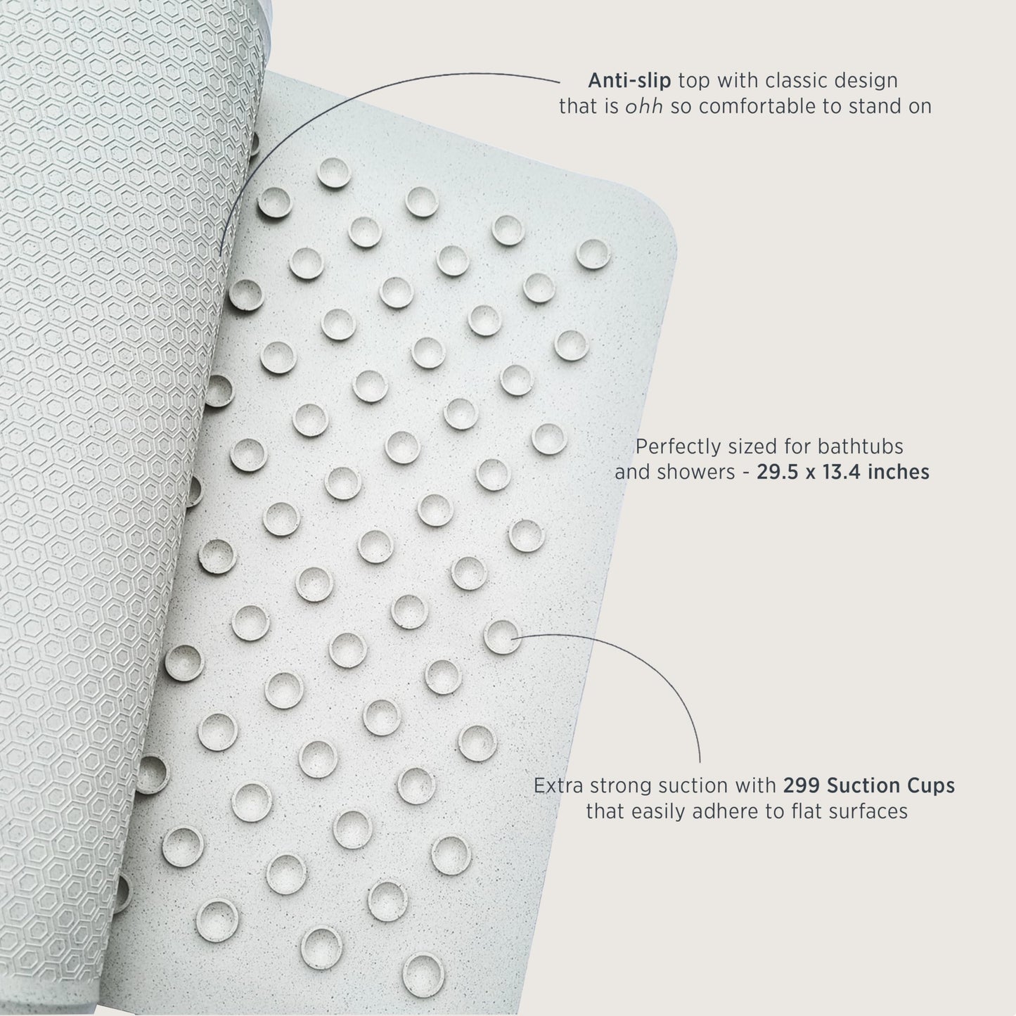 HEVEA Natural Rubber Big Bath Mat - Upcycled, Danish Design - Non Slip Bathtub Mat, 299 Suction Cups - Safe and Friendly Shower Mat for All Ages (Marble)
