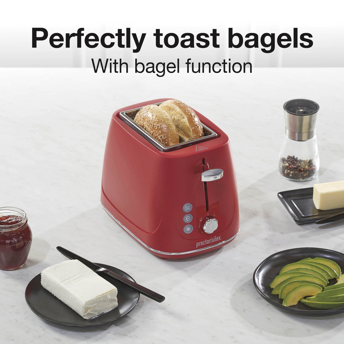 Proctor Silex Plastic 2 Slice Toaster, Bagel, Defrost & Cancel Buttons, Browning Control With 7 Shades, Auto Shutoff, Slide-Out Crumb Tray, Red (22661)