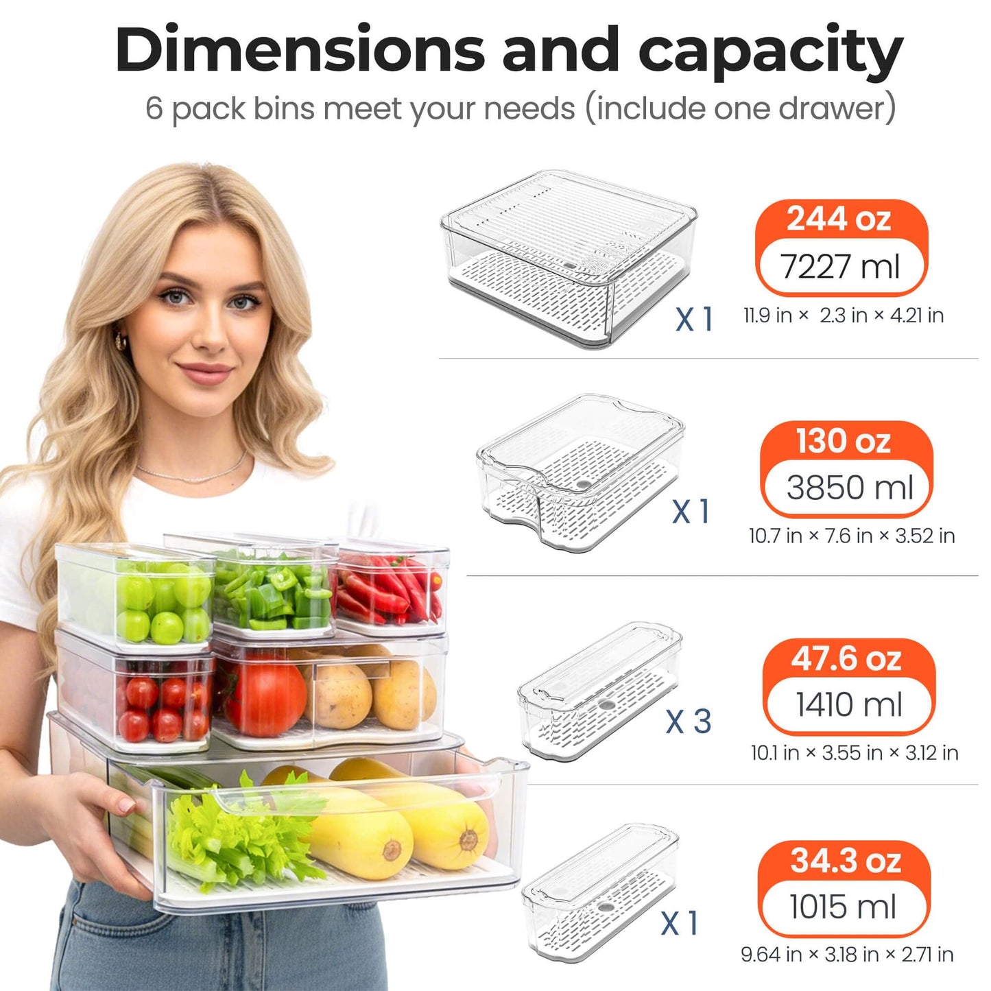 SMRCAD 6 Pack Refrigerator Organizers, Clear Pull-out Drawer Container and Organizer Bins with Lids, Stackable Storage Containers for Fruits, Vegetable (Set of 6 (Include Pull Out Drawer))