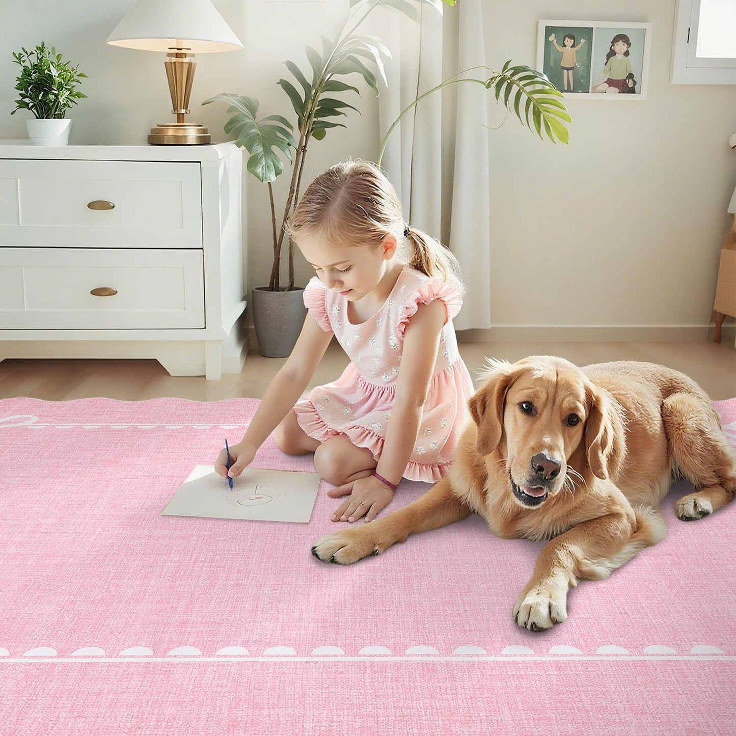 GarveeHome Scalloped Bow Rug for Living Room, Solid Pink Rug for Dorm, Washable Rugs 5x7 Soft Low Pile Non Slip Scalloped Rugs for Nursery College Bedroom Decor Kids Room Playroom