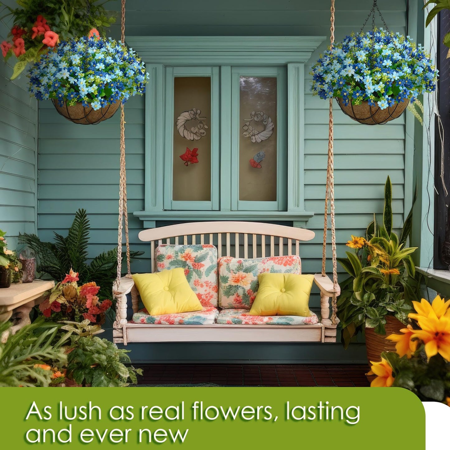 Hotop 2 Pack Artificial Hanging Baskets with Flowers for Outdoors Fake Hanging Plants for Spring Summer Porch Home Decoration Artificial Daisy Flower Arrangement in Coconut Lining Baskets(Blue)