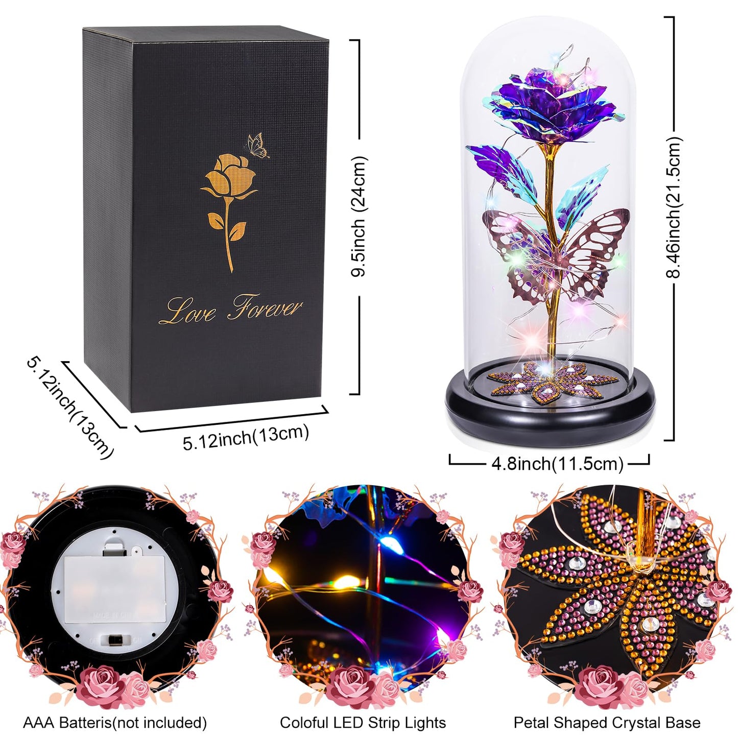 Pusuny Mothers Day Flowers Gifts for Mom Women Birthday Gift Galaxy Glass Rose Forever Eternal Crystal Flowers Rose in Glass Dome with Butterfly Mother's Day Roses Gifts for Mom Daughter Wife Purple