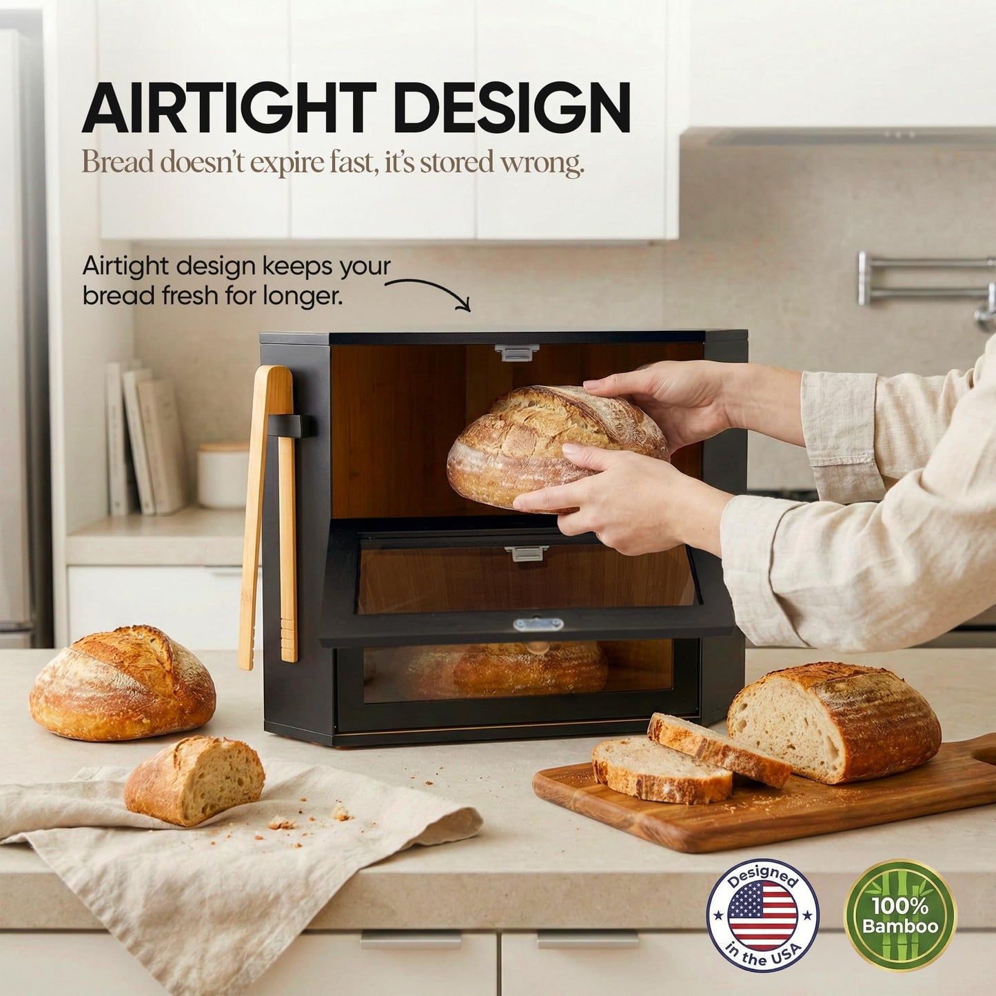 Corner Bread Box for Kitchen Countertop – Bamboo Bread Box with Airtight Design, Dual Divided Compartments, Magnetic Closures, Non-Slip Feet, Clear Windows, Tongs & 2 Free Baking Books -Black