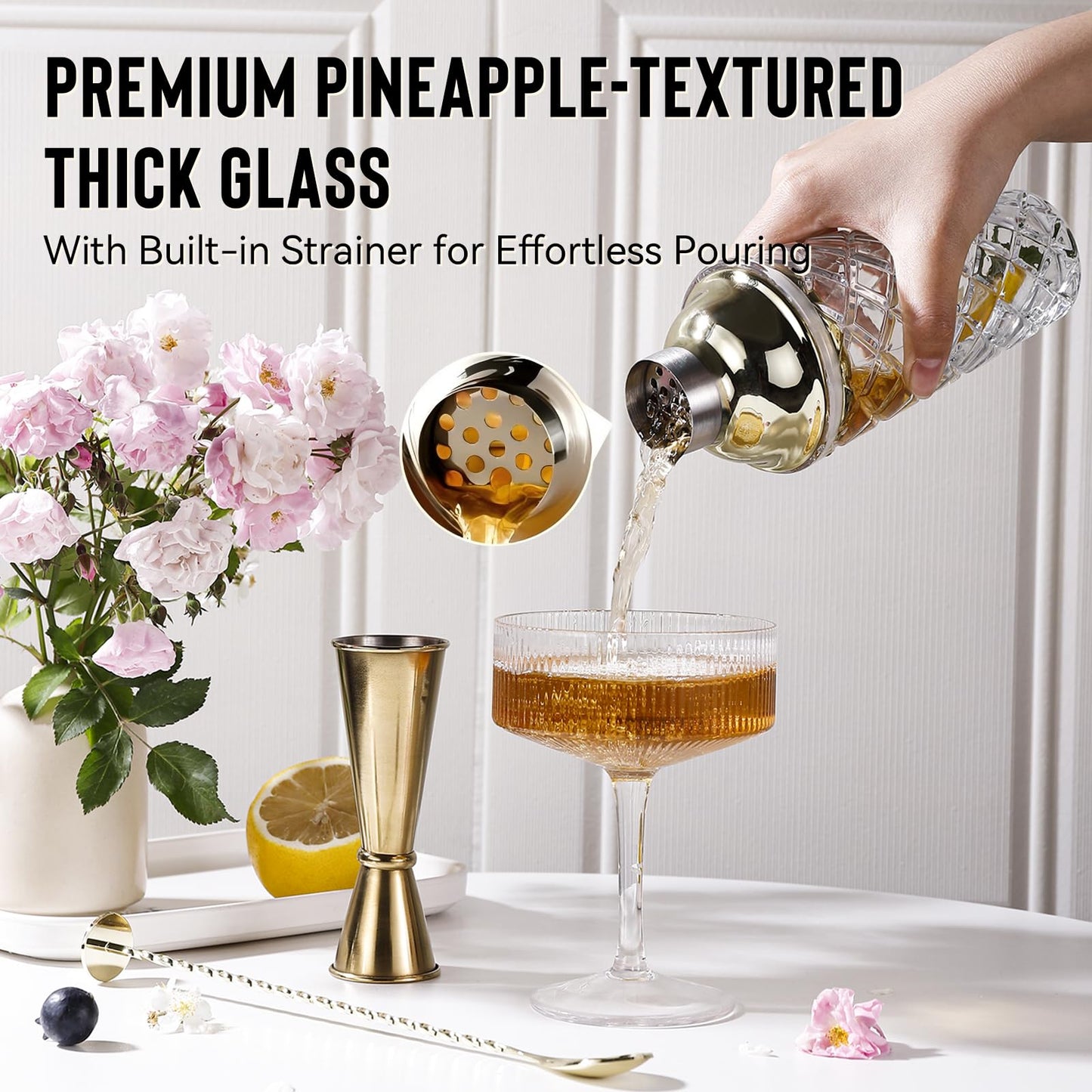 Glass Cocktail Shaker Set with Built-in Strainer – 16oz Thickened Pineapple Glass Gold Shaker Set, Gold Jigger & Bar Spoon with Muddler for Home Bar/Trolley Décor/Margaritas/Martinis