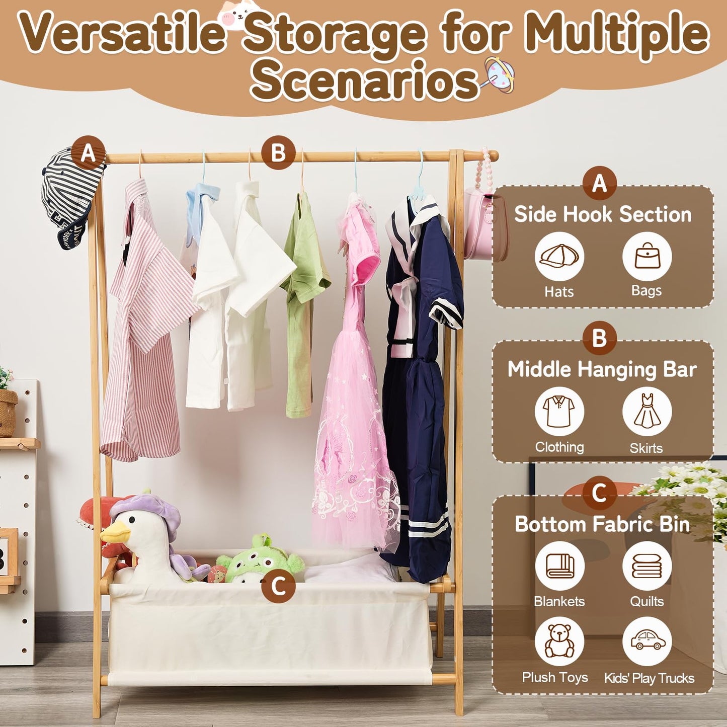 Bamnestor Bamboo Kids Clothing Rack with Storage Box - Foldable,Kids Dress Up Rack with Hooks & Rod, Organize Dress Up Storage & School Uniforms, Perfect for 4-13 Year Olds