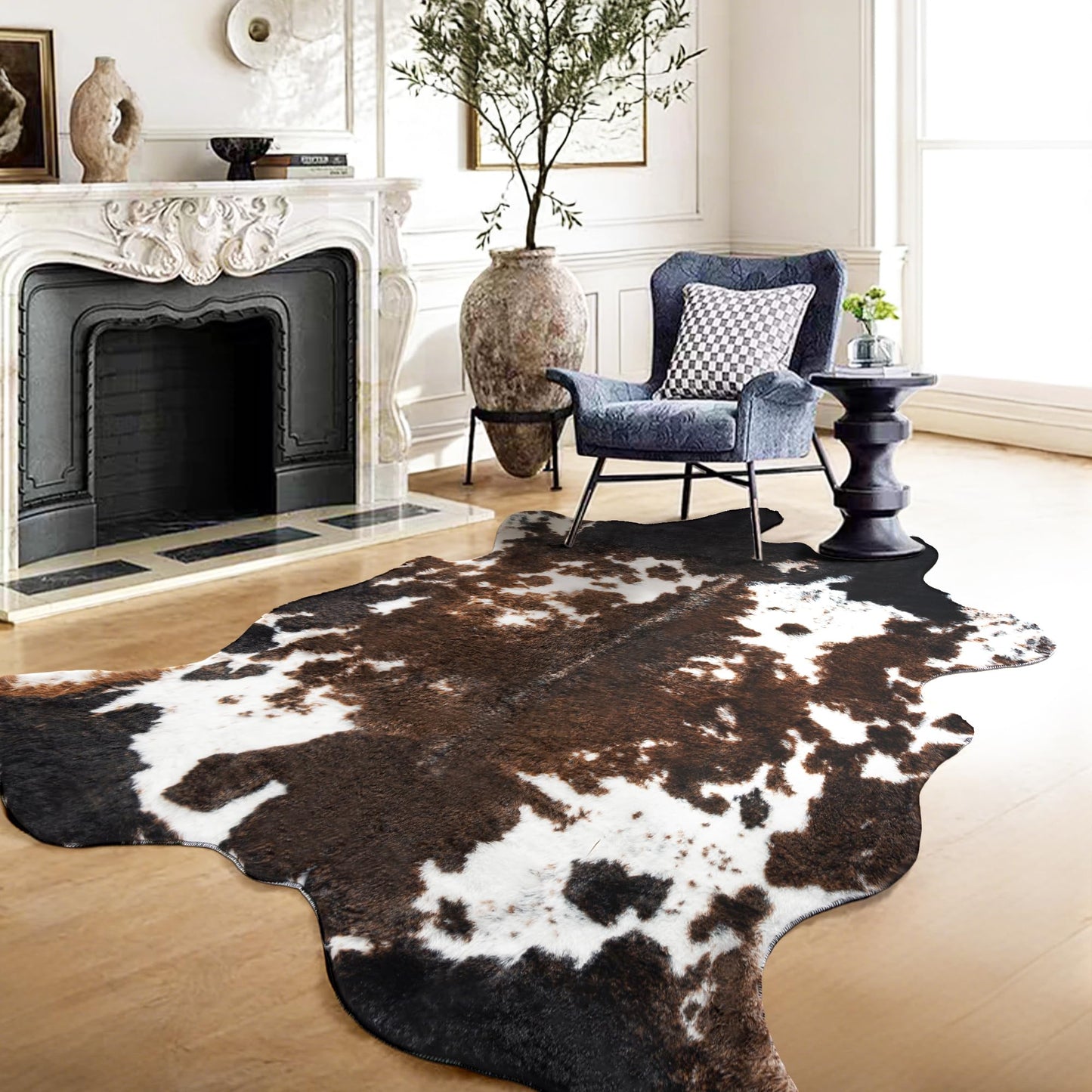 WMT NVMTER Faux Cowhide Rug, Fluffy Fur 4.6x5.2 Feet Washable Cow Print Rug for Living Room Bedroom Animal Print Hide Skin Rustic Western Décor Black and Brown
