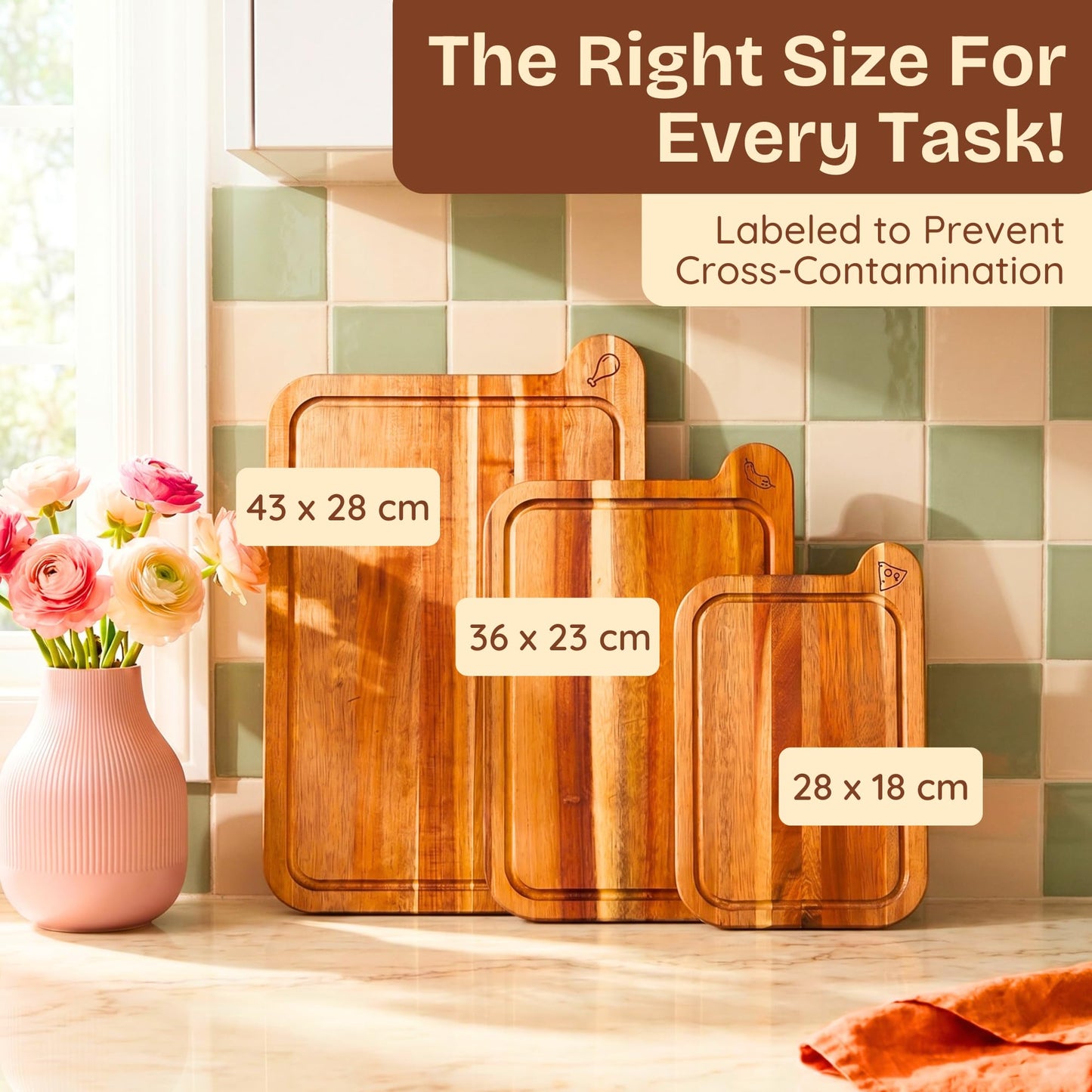 Non Toxic Cutting Boards - Cutting Board Set Free of Mineral Oil, Made of FSC Acacia Wood - Cutting Boards for Kitchen - Includes 3 Chopping Boards. By Ziruma
