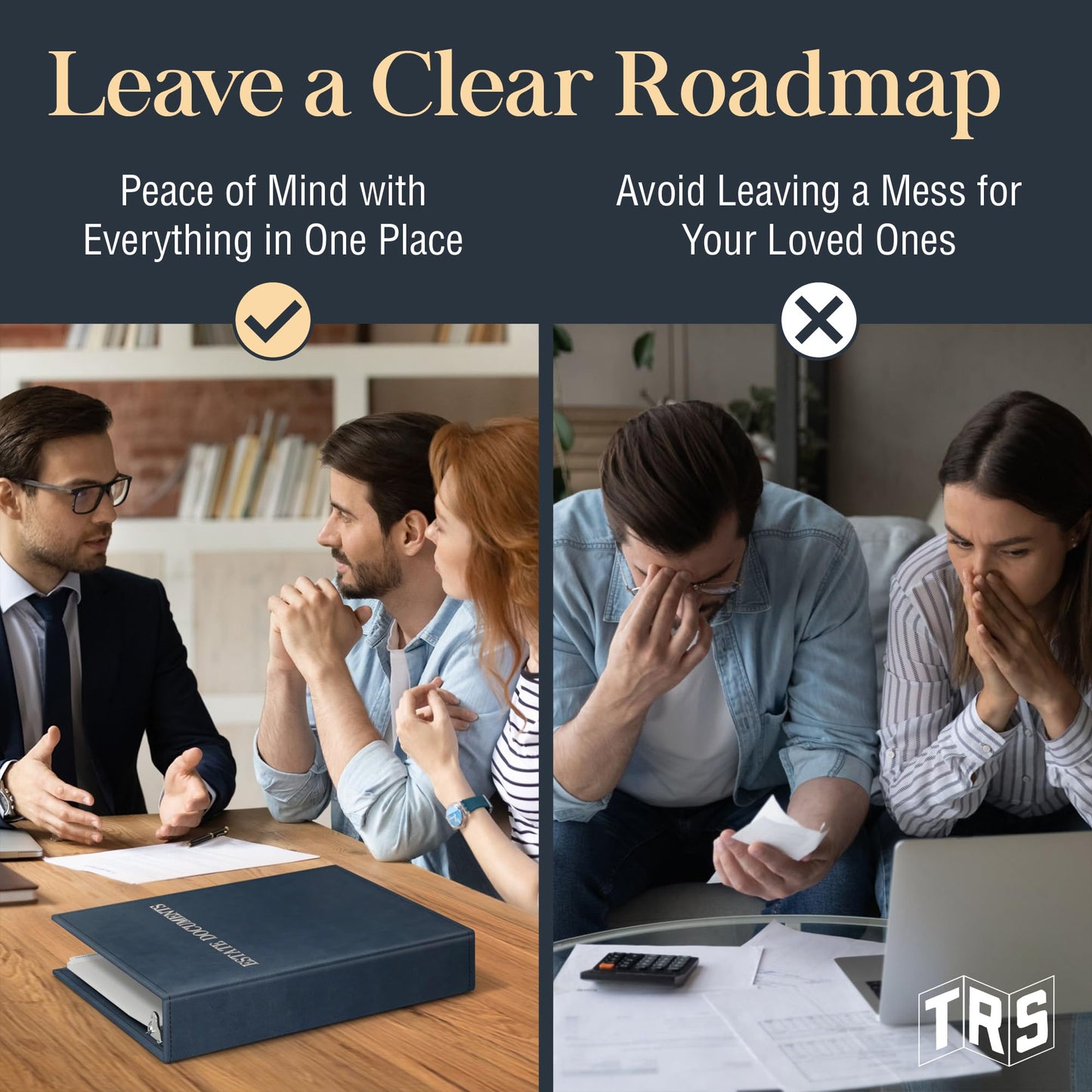 TRS Estate Planning Binder Kit – Pre-Labeled Tabs, Sheet Protectors | 1.5" D-Ring Stitched Faux Leather Organizer for Wills, Trusts, Power of Attorney & End-of-Life Planning | Silver on Navy