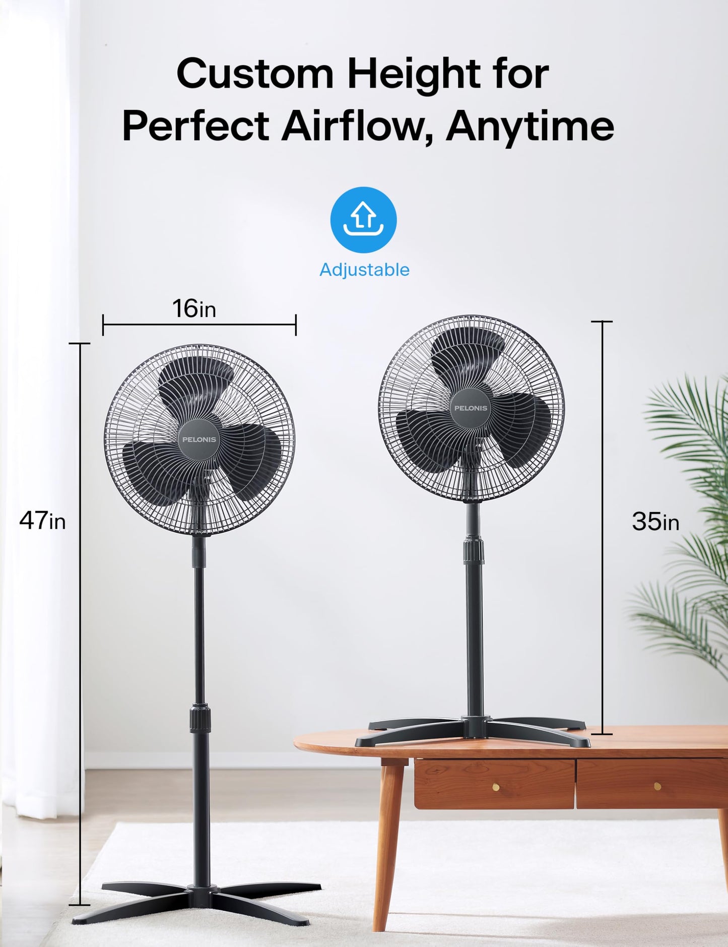 PELONIS 16 inch Pedestal Fan for Bedroom , Oscillating Fan, 3-Speeds, 90° Oscillation, Adjustable Height, Floor Fan, Standing Fan for Living Room, Kitchen, and Home office, Black