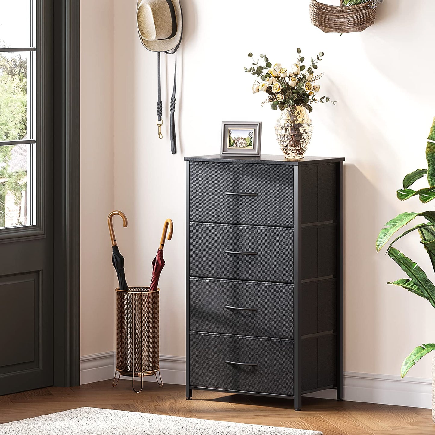ODK Dresser for Bedroom with 4 Storage Drawers, Small Dresser Chest of Fabric Drawers with Sturdy Steel Frame for Small Space, Wood Top, Black