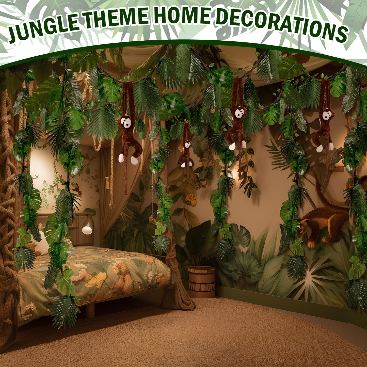 Suncalla 90 Pcs Jungle Theme Decoration Tropical Rainforest Safari Party Decor 4 Hanging Monkey Stuffed 14.4 ft Pothos Vines 20ft Artificial Rattan 60 Palm Leaf Set for Birthday Classroom Party (20ft)