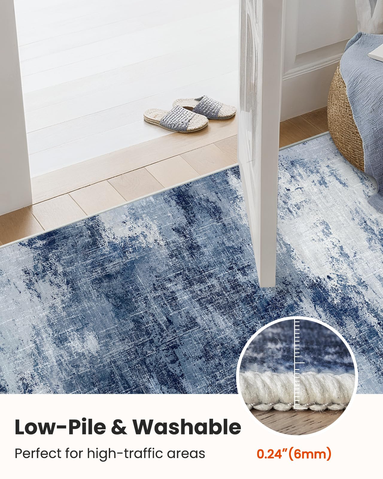 6x9 Area Rugs for Living Room, Modern Abstract Washable Rug with Non-Slip Backing & Low Pile Indoor Carpet for Nursery Room, Bedroom and Dinning Room, Dark Blue