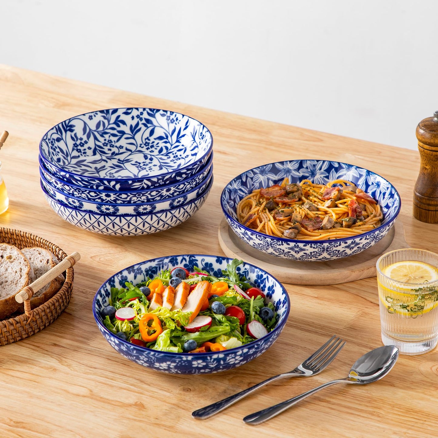 vancasso Selene 8.5" Pasta Bowls Set of 6, 40 oz Porcelain Shallow Salad Bowls, Serving Bowls Large Kitchen Bowl Plates Pasta Plates, Blue & White Floral Design, Microwave Safe
