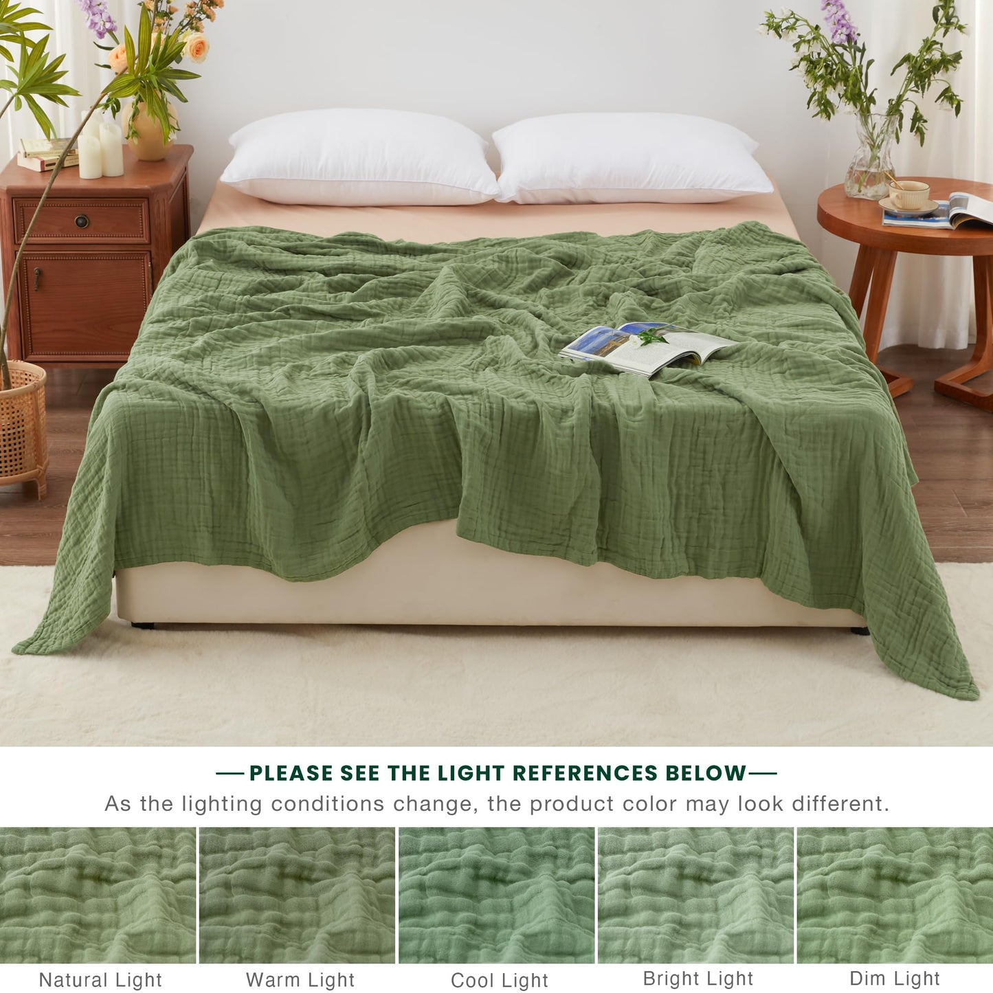 Love's cabin 100% Cotton Muslin Blanket, 6 Layer Lightweight Breathable Gauze King Size Blanket 108 x 90 Inches, Soft Summer Blanket for Bed, Sage Green