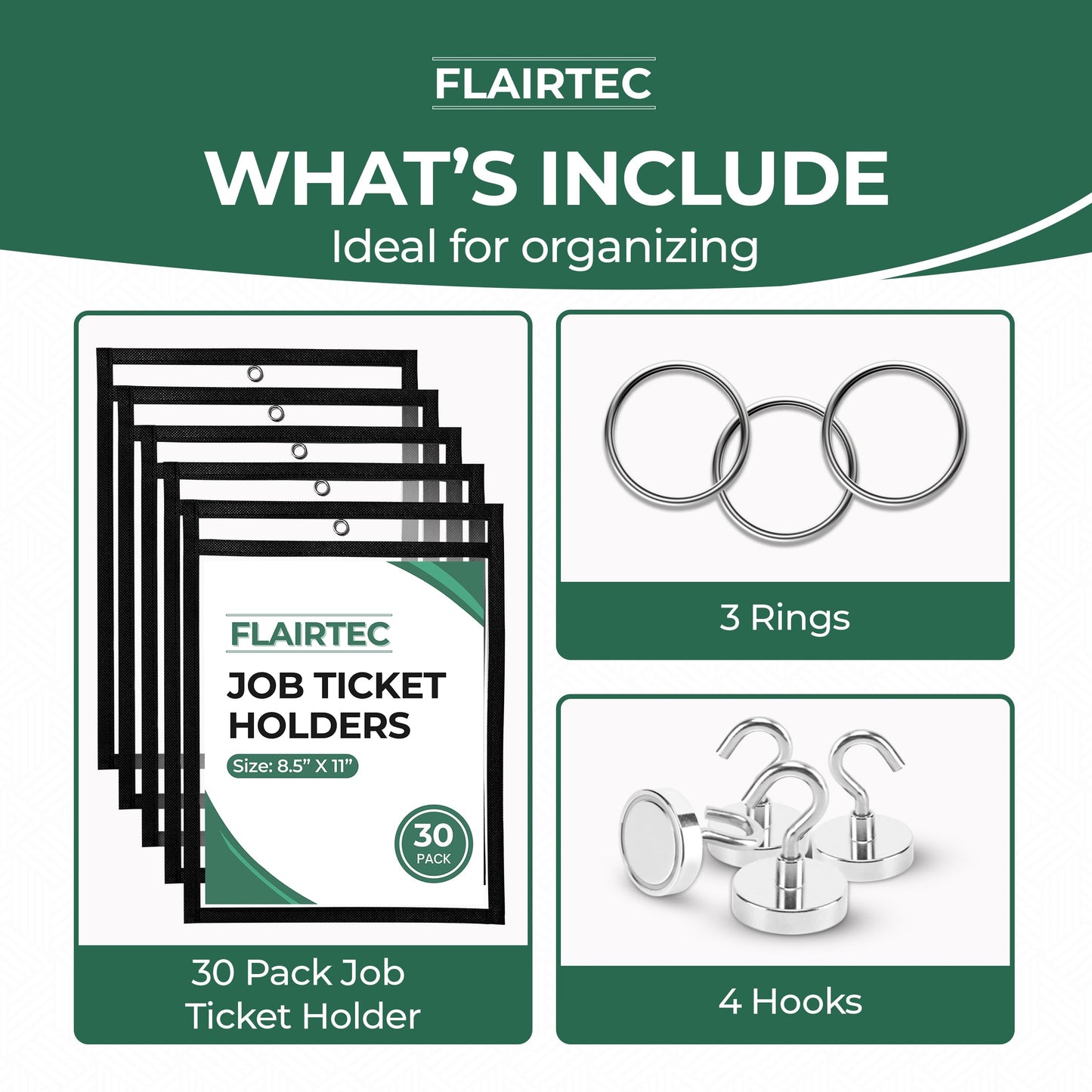 Job Ticket Holders 10x14 - (30 Pack) 8.5x11 Letter Size | Reusable Dry Erase Pockets Black with Metal Rings & Hooks | Durable Clear Shop Sleeves for Work Order | Perfect for Classrooms