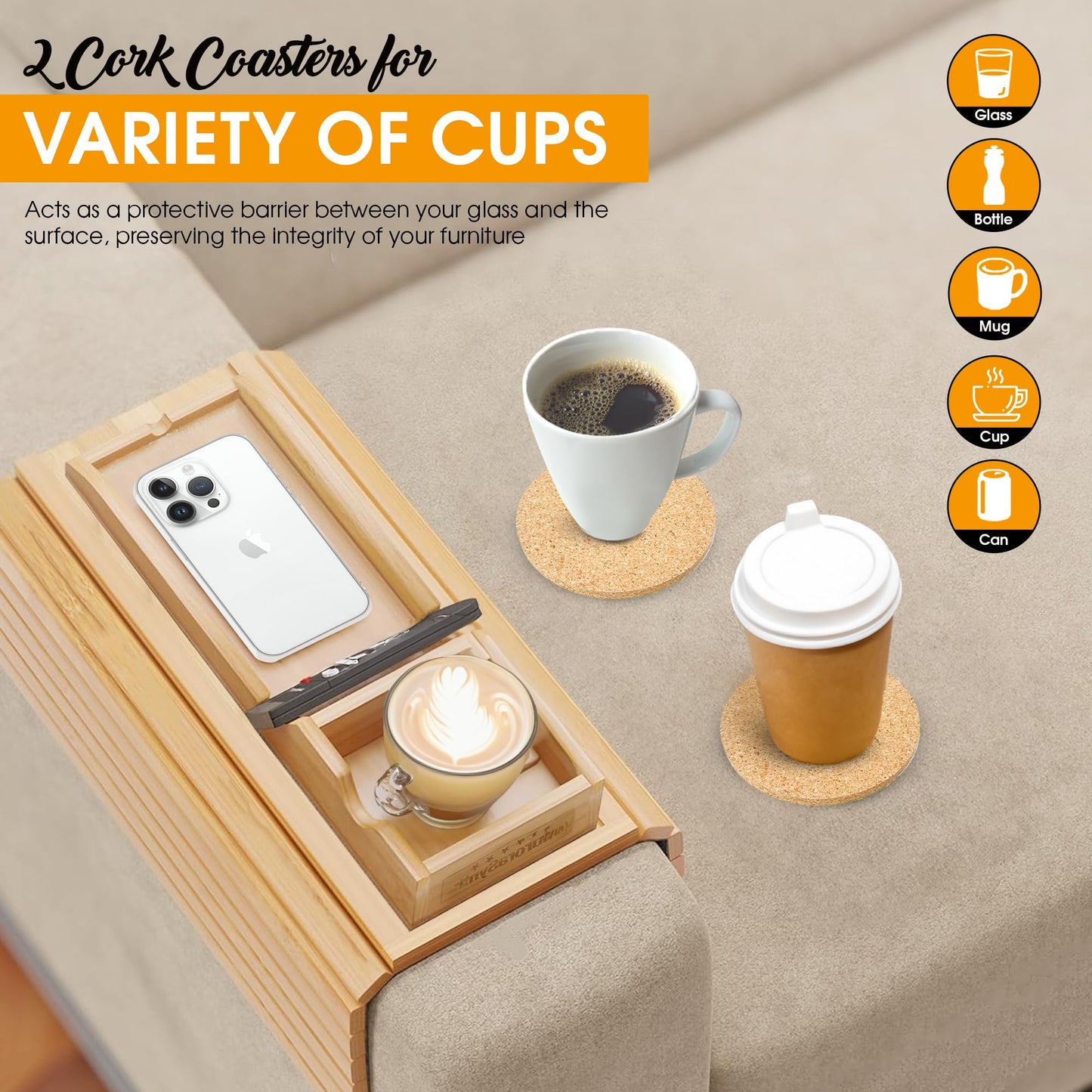 Bamboo Couch Cup Holder Tray with 2 Cork Coasters, Couch Arm Tray, 2 in 1 Anti-Slip Foldable Sofa Arm Tray, Couch Armrest Table, Anti-Spill Couch Arm Table for Drinks TV Remote Cellphone Snacks