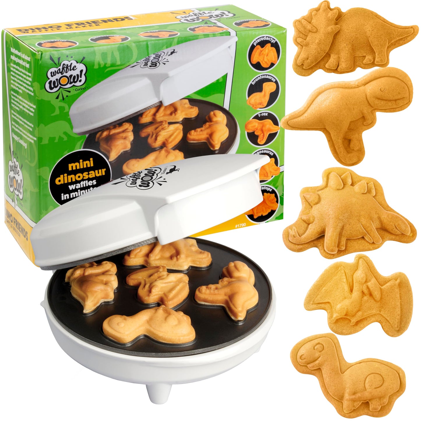 Dinosaur Mini Waffle Maker- Fathers Day Fun, 5 Different Double Sided 3D Shaped Dinos in Minutes- Kid Adult Breakfast w Novelty Pancakes, Electric Baker, Non-Stick Waffler Iron w Recipes, Gift for Him