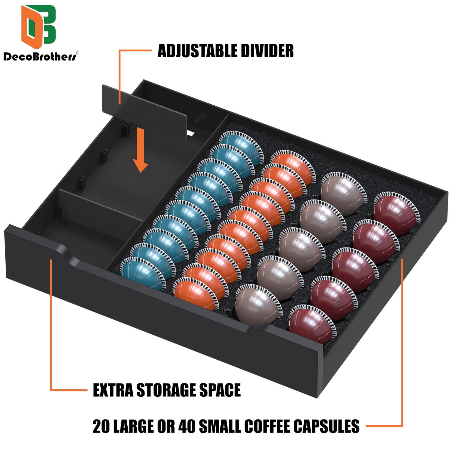 Deco Brothers Vertuoline Pod Holder Drawer with Adjustable Divider, Compatible with Nespresso 40 Small or 20 Large Capsules Coffee Bar Station, Wood Top Stand with Side Storage for Accessories, Black