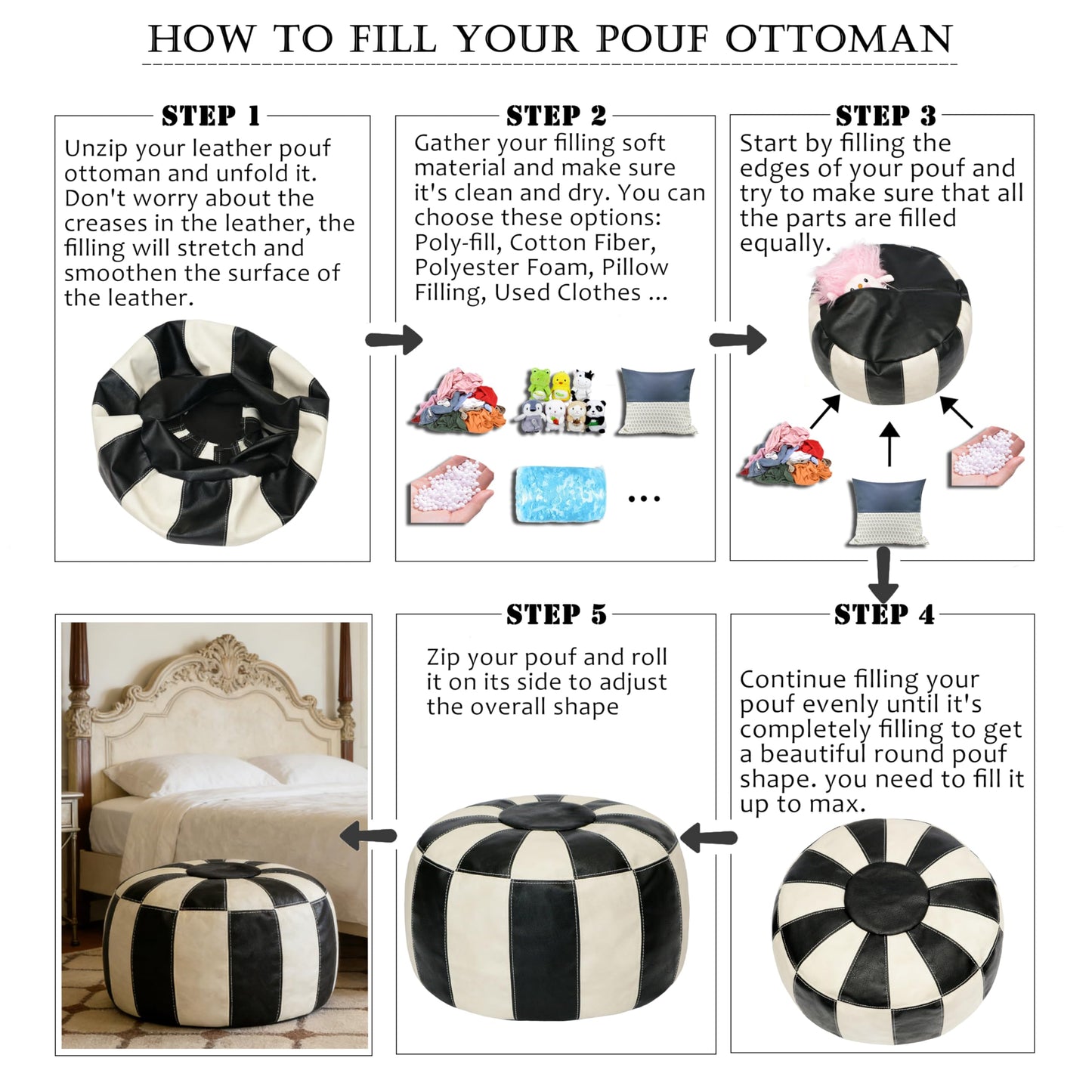 Thgonwid Unstuffed Moroccan Ottoman Pouf Cover, Ottoman Footstool Storage Solution, Bean Bag Chair, Foot Rest, Multi-Black&White