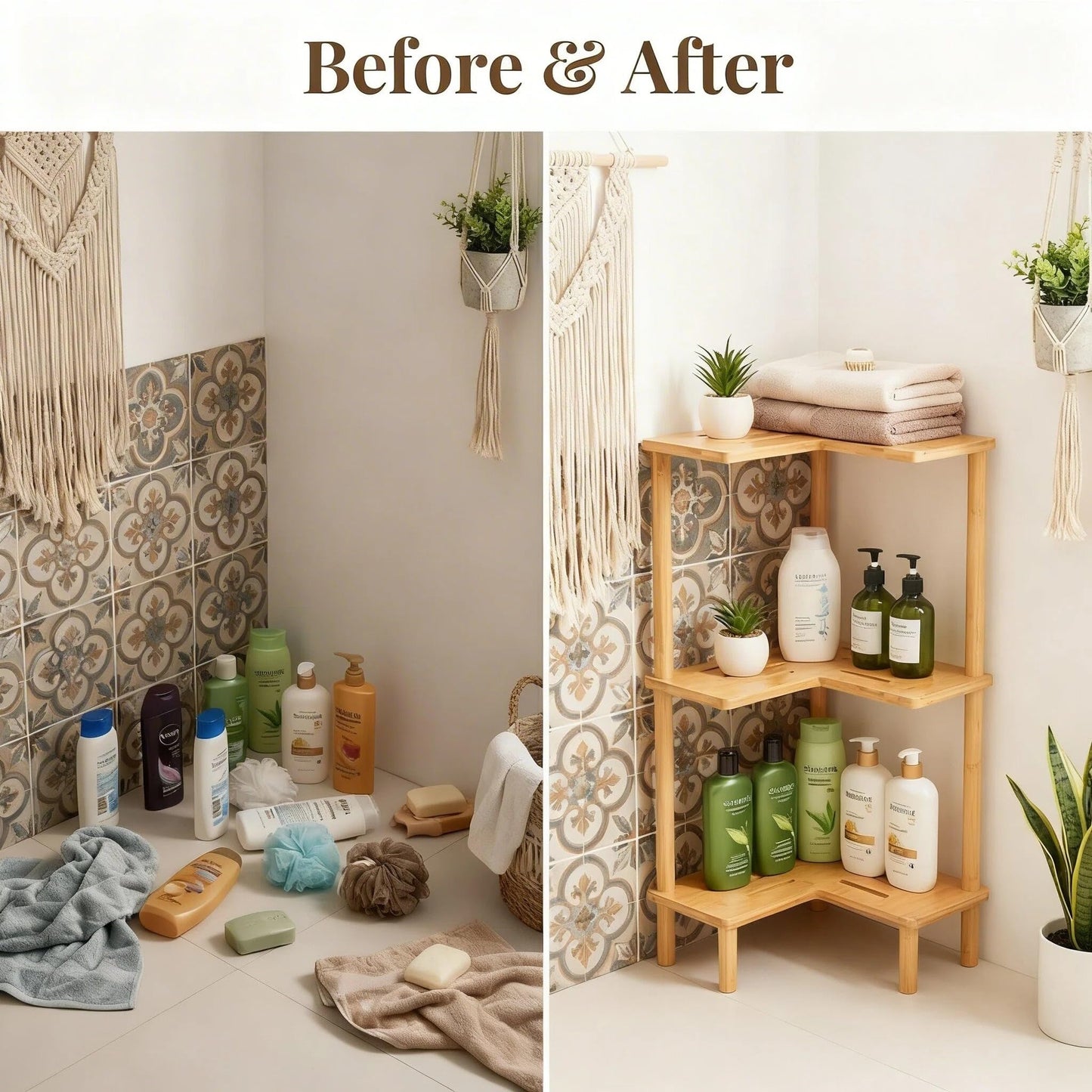 JEDULAR Bamboo Corner Shower Caddy Stand 3-Tier, Standing Shower Organizer with Anti-Slip Feet, Waterproof & Durable Bathroom Shower Shelf, Space-Saving Design Storage for Kitchen or Living Room
