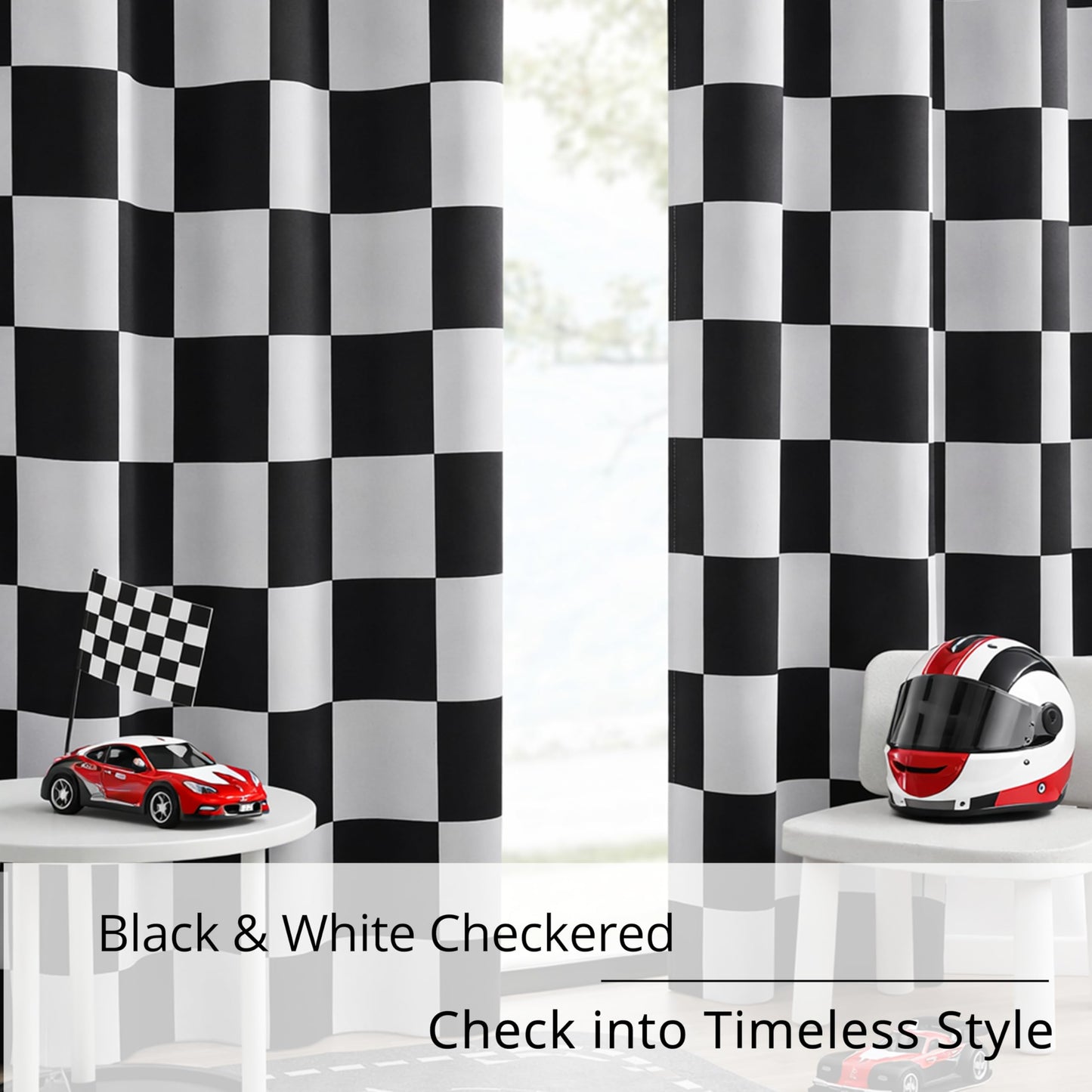 BOHOMOCASA 100% Blackout Curtains – Black and White Checkered Race Flag Pattern, 2 Panels, Each W52×L84, Thermal Insulated, Nosie Reducing for Bedroom, Living Room, Race car Drapes
