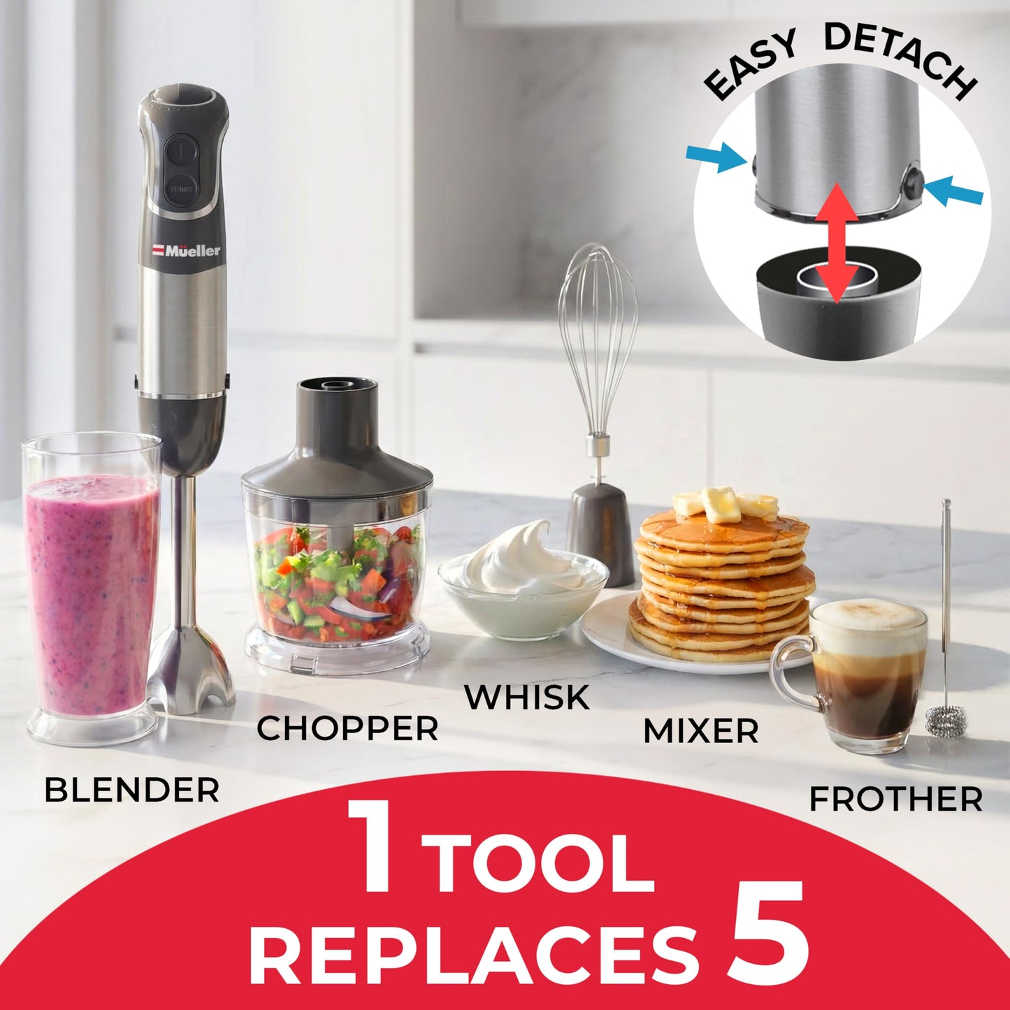 Mueller Multistick 5-in-1 Immersion Blender Handheld,12 Speed Hand Mixer-Turbo Boost,Heaviest Duty Copper Motor,Titanium reinforced Blades Hand Blender,Milk Frother Wand,Whisk,Beaker,Chopper,Grey