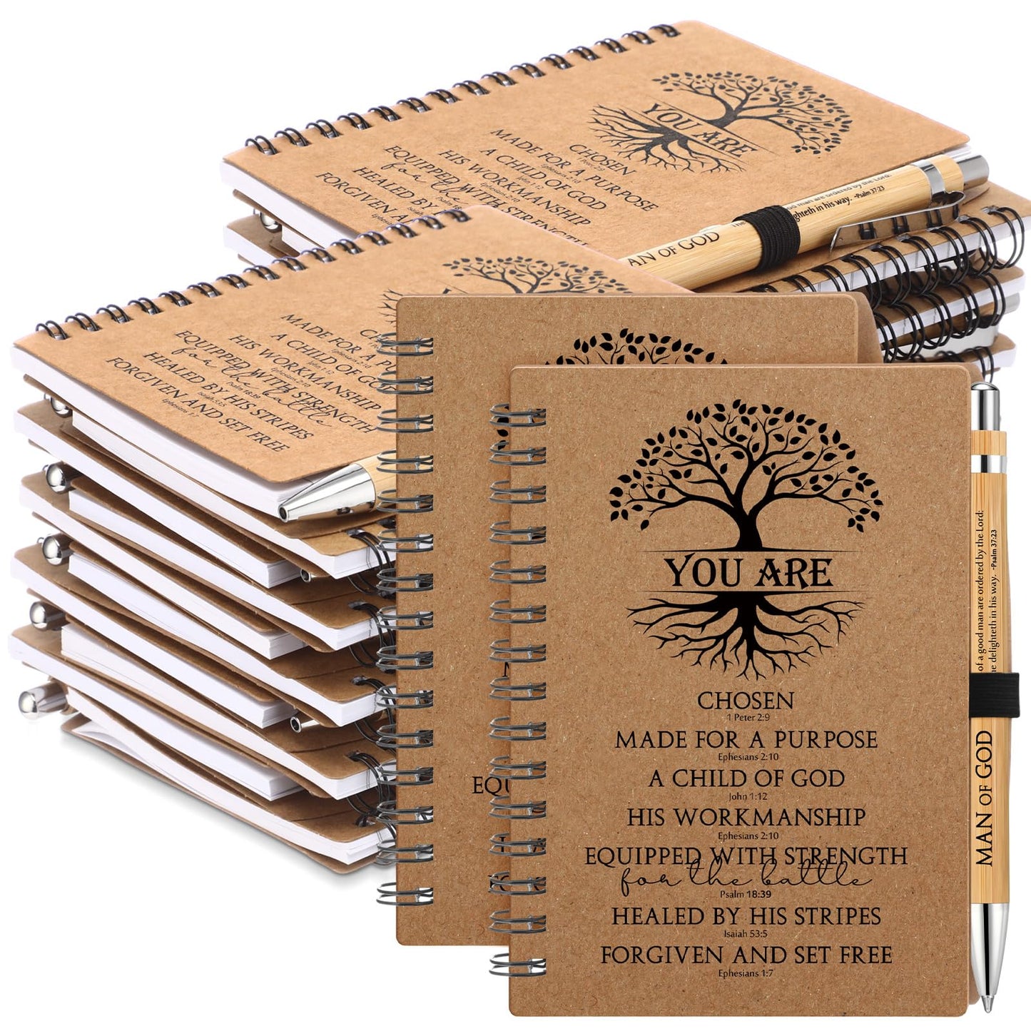 Sayglossy 50 Sets Man of God Gifts for Men Christian Fathers Day Spiral Kraft Notebooks and Bamboo Pens Bible Study Supplies Religious Gifts for Church Office Employee Coworker