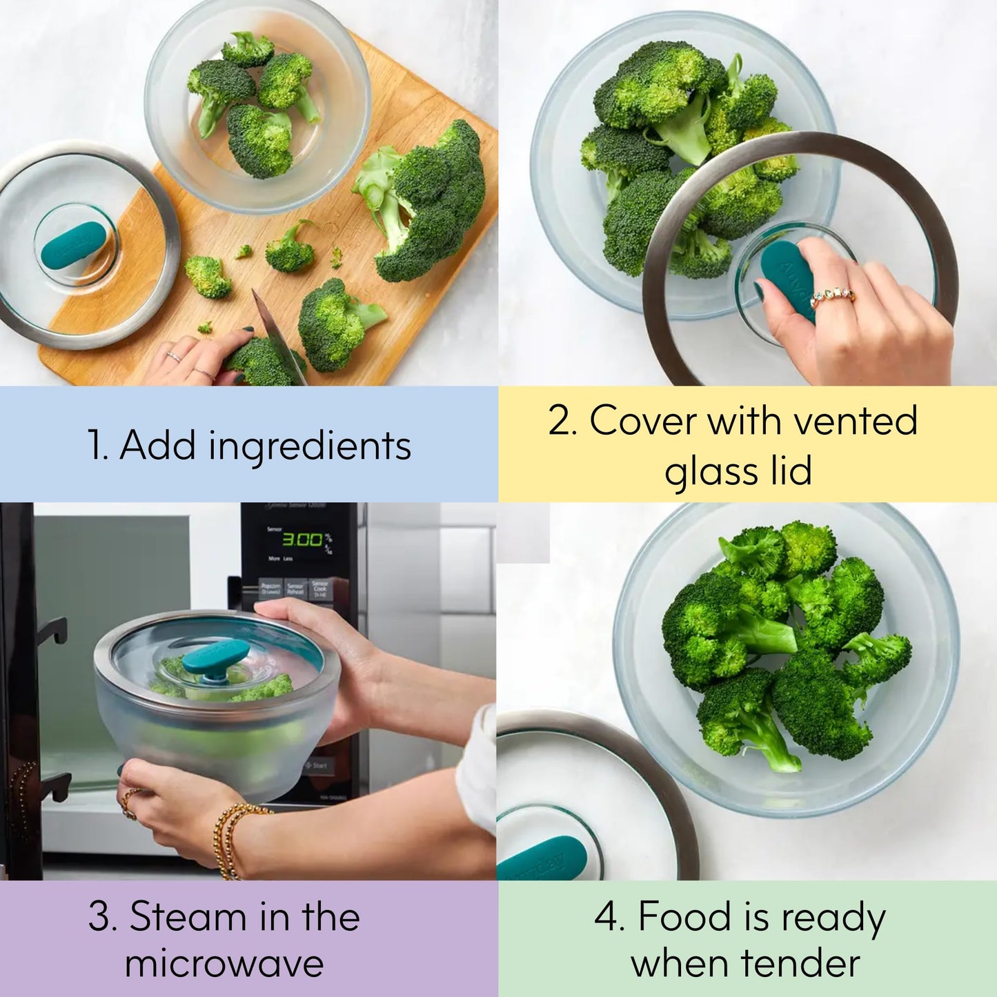 Anyday 7-Cup Glass Microwave Steamer for Vegetables – BPA-Free Glass Vegetable Steamer Bowl with Vented Lid, Healthy Microwave Cooking Container for Broccoli, Veggies, Meal Prep (Clear Kale)