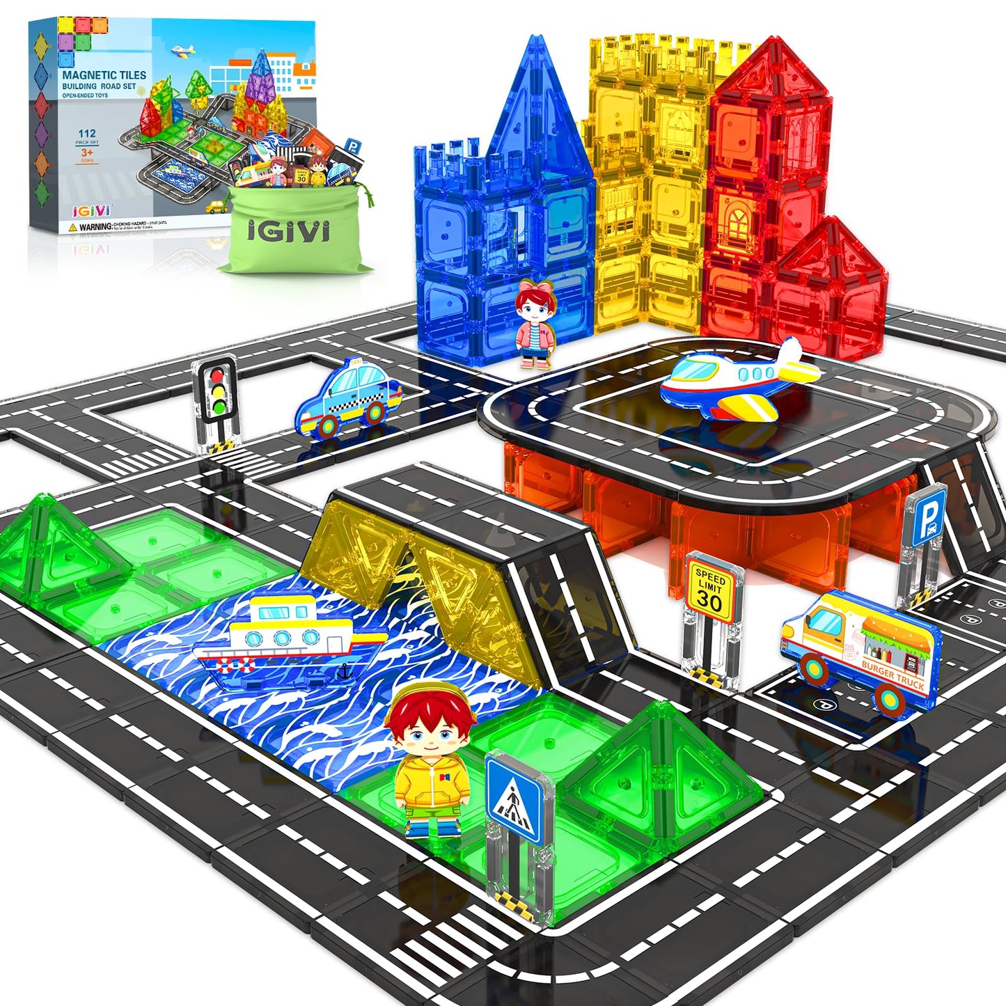 112PCS Magnetic Tiles Road Set with Vibrant Color & Ultra Magnet Strength, City Road Building Blocks Construction Toys for Toddlers Kids Ages 3-12, Creative Gifts STEM Toys for 3+ Years Old Boys Girls