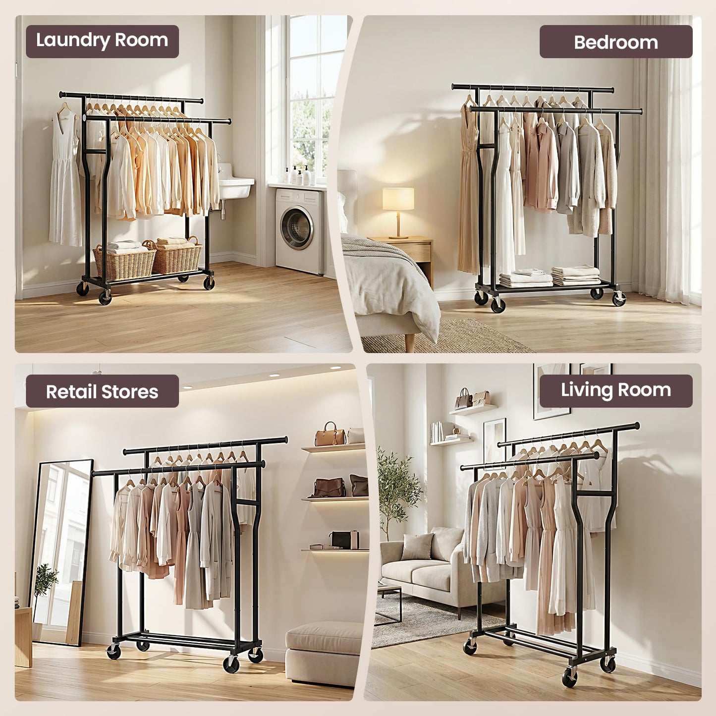 WATIOWL Clothes Rack, Double Rods Rolling Clothing Rack for Hanging Clothes Load 260 LBS Closet Rack with Wheels, Metal Portable Garment Rack for Bedroom Laundry Living Room, Black