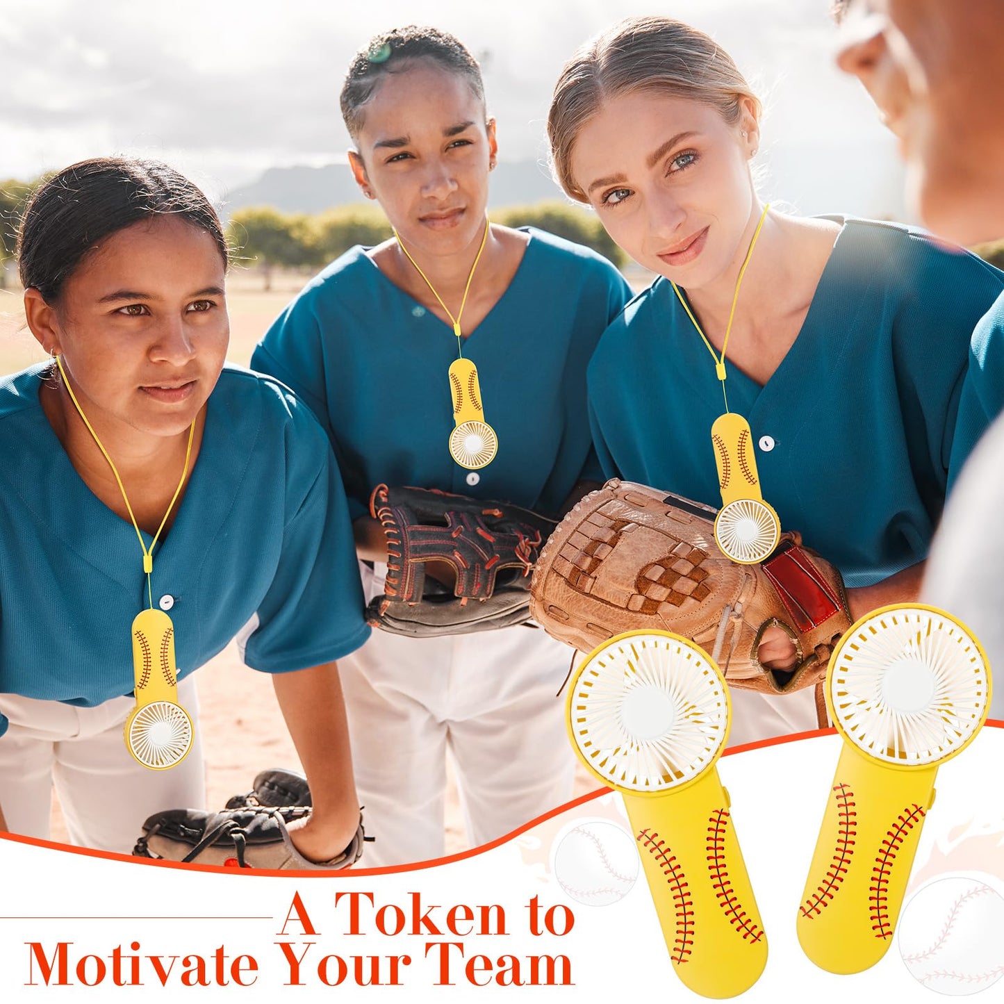 Honoson 12 Pcs Mini Portable Softball Fan Bulk Small Personal Handheld Fan with Lanyard for Team Gift Game Outdoor Sport Party Favors, Battery Not Include(Yellow)