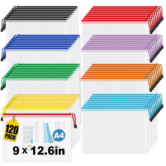 120 Pack Mesh Zipper Pouch Bags, A4 Mesh Bags with Zipper in 8 Color, Waterproof Zipper Pouches for Organization, Plastic Zipper Bag for Classroom & Office, Ideal Back to School Supplies