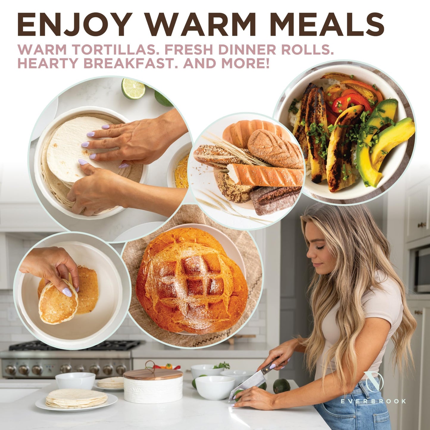 Everbrook Authentic Wood and Ceramic Tortilla Warmer - Tortilla Holder with Lid - Bread Warmer - Pancake Holder- Roti Box - 8.5 Inches