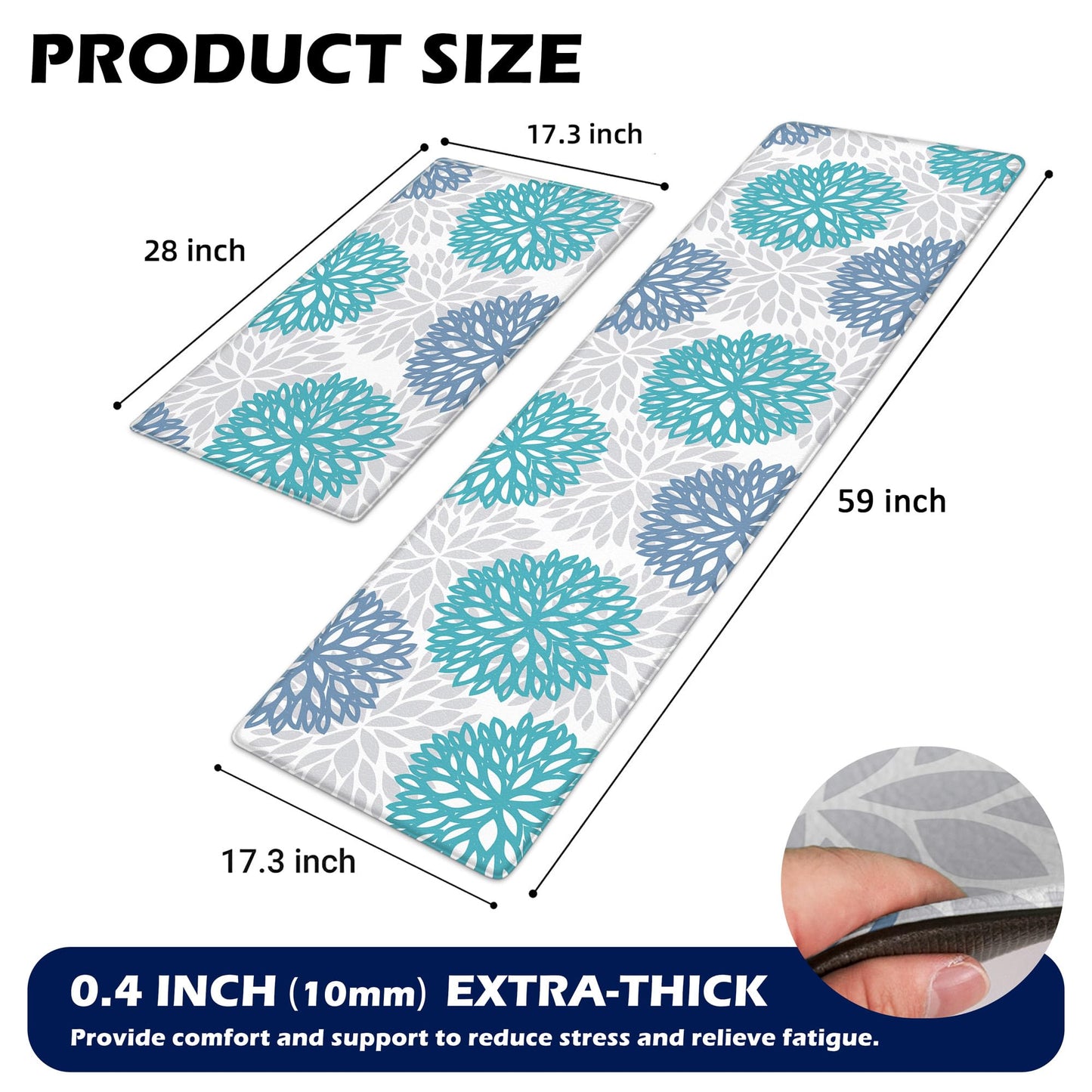 Teal Kitchen Mats Set of 2 Cushioned Anti Fatigue Kitchen Rugs Non Slip Waterproof Runner Memory Foam Kitchen Floor Mat Comfort Standing Mat for Sink,Office,Laundry